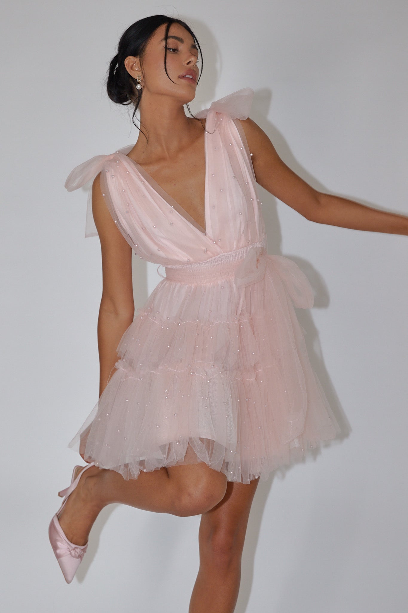 Lyra Pearl Embellished Tulle Mini Dress Pink by Selfie Leslie Australia