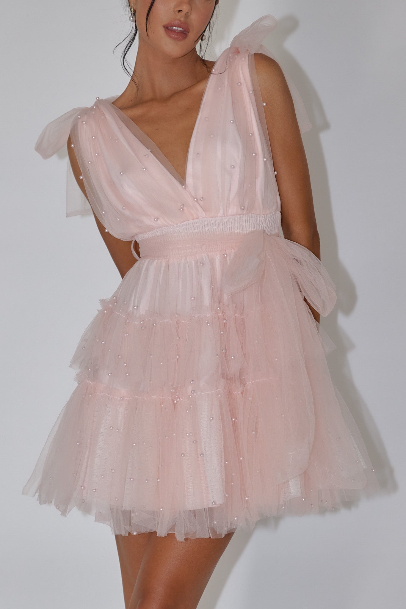 Lyra Pearl Embellished Tulle Mini Dress Pink by Selfie Leslie Australia