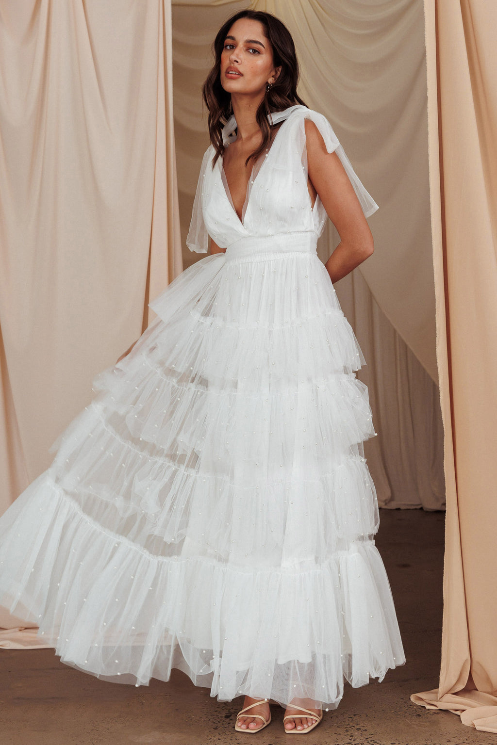 My Fair Lady Tiered Pearl Embellished Maxi Dress White by Selfie Leslie Australia