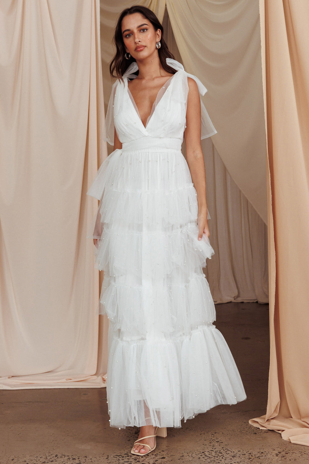 My Fair Lady Tiered Pearl Embellished Maxi Dress White by Selfie Leslie Australia
