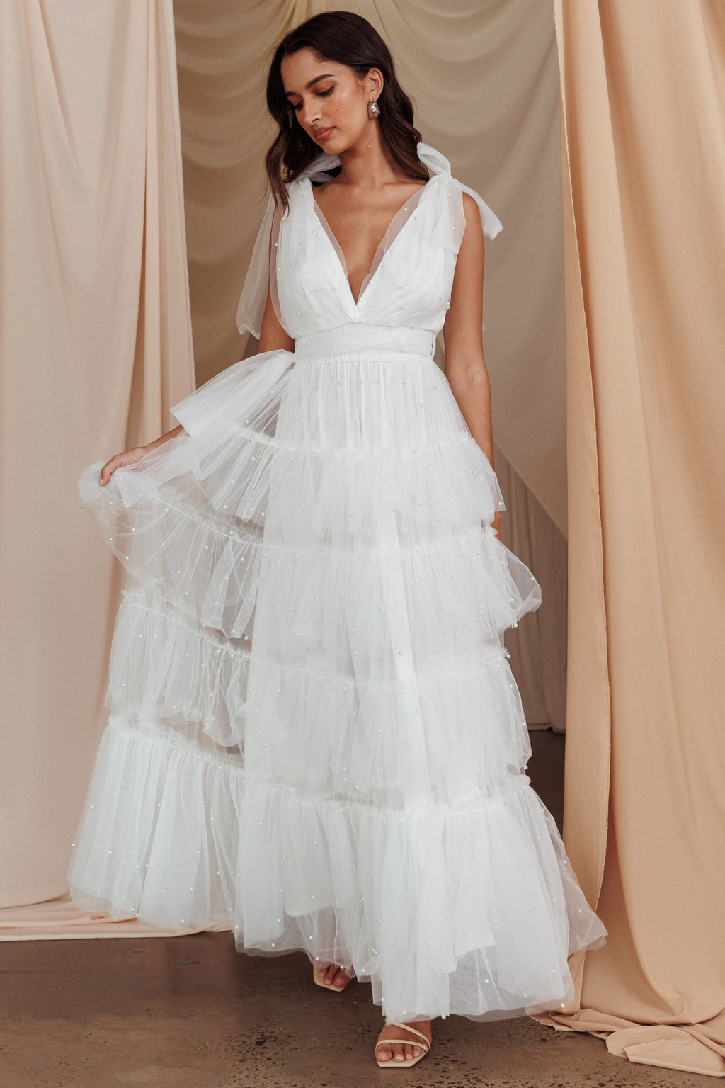 My Fair Lady Tiered Pearl Embellished Maxi Dress White by Selfie Leslie Australia