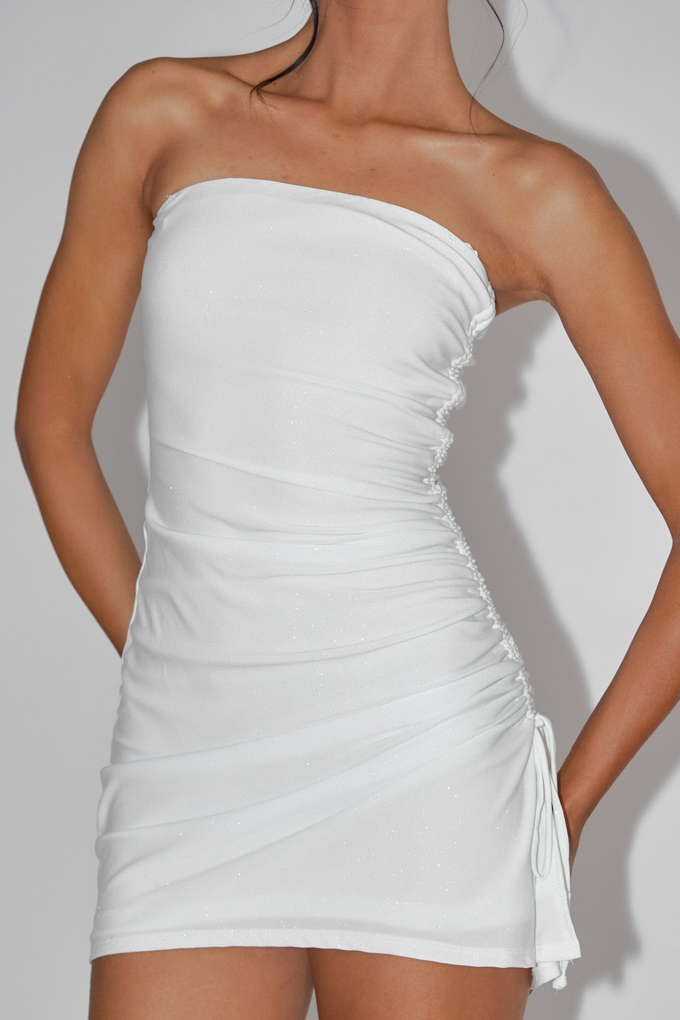 Cadiz Strapless Ruched Mini Dress Off White by Selfie Leslie Australia