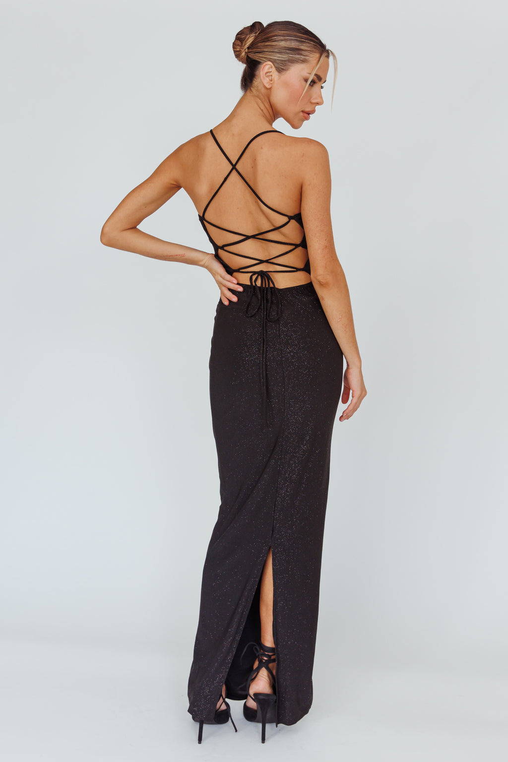 Ailani Lace-Up Back Maxi Dress Sparkle Black by Selfie Leslie Australia
