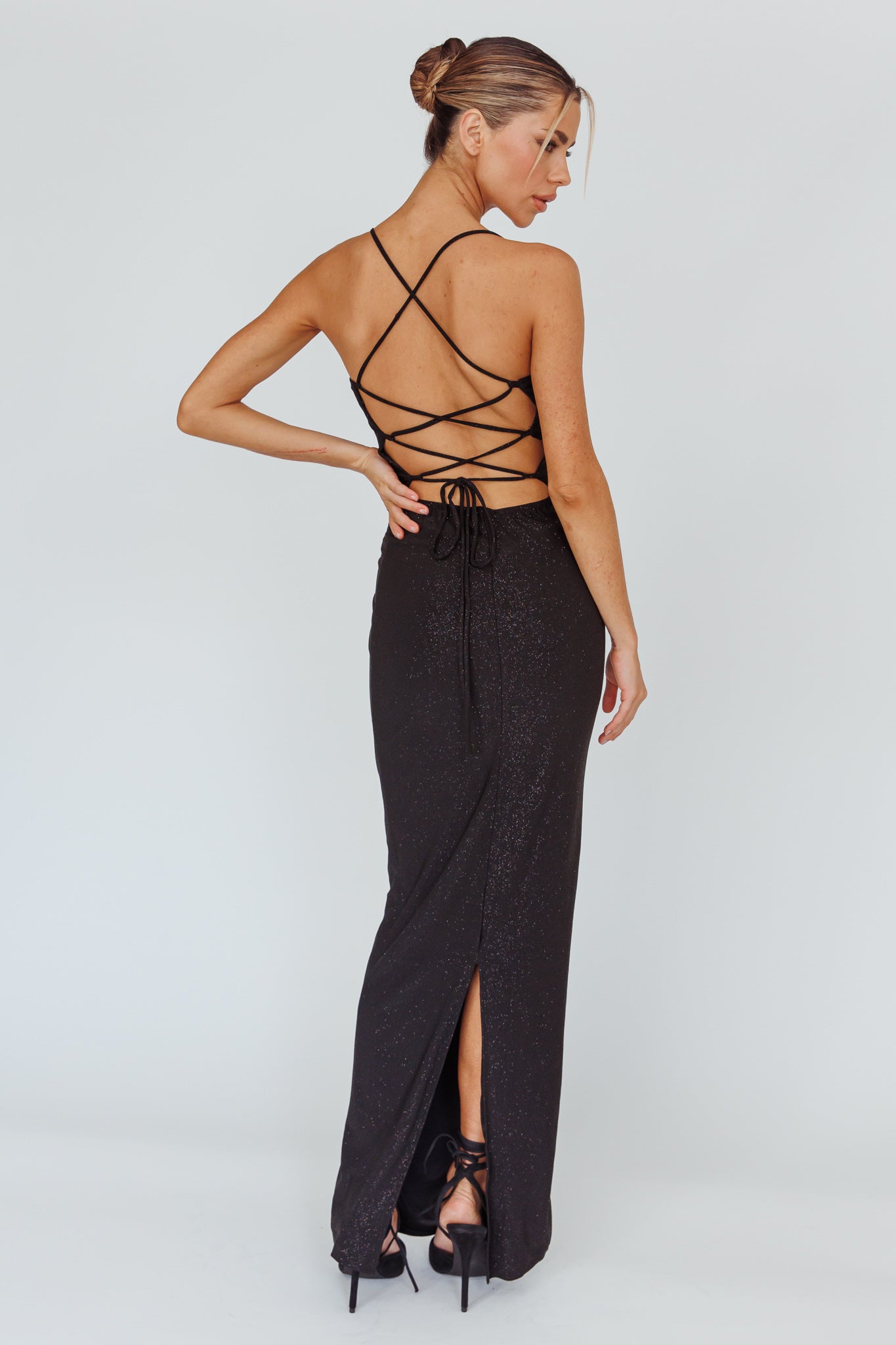 Ailani Lace-Up Back Maxi Dress Sparkle Black by Selfie Leslie Australia