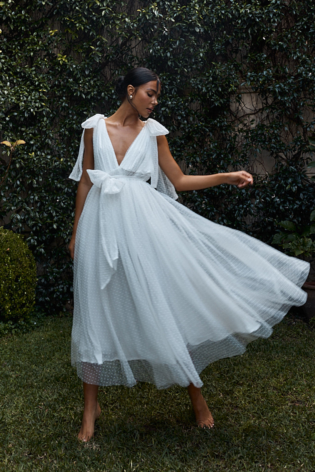 First Waltz Bow Shoulder Hail Spot Midi Dress Off White by Selfie Leslie Australia