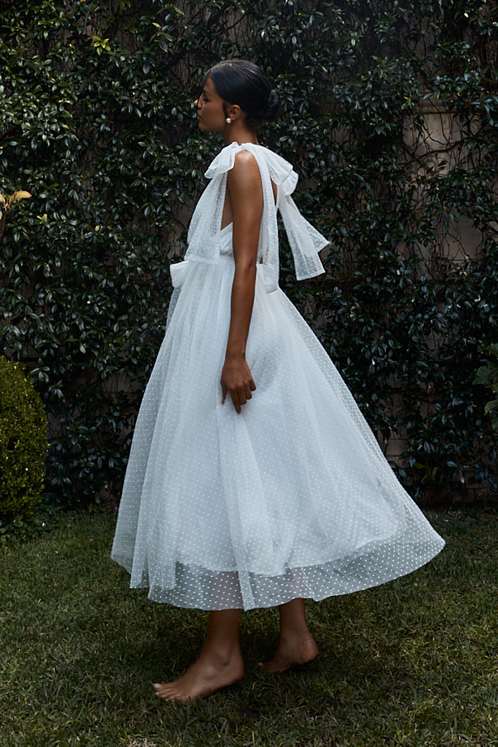 First Waltz Bow Shoulder Hail Spot Midi Dress Off White by Selfie Leslie Australia