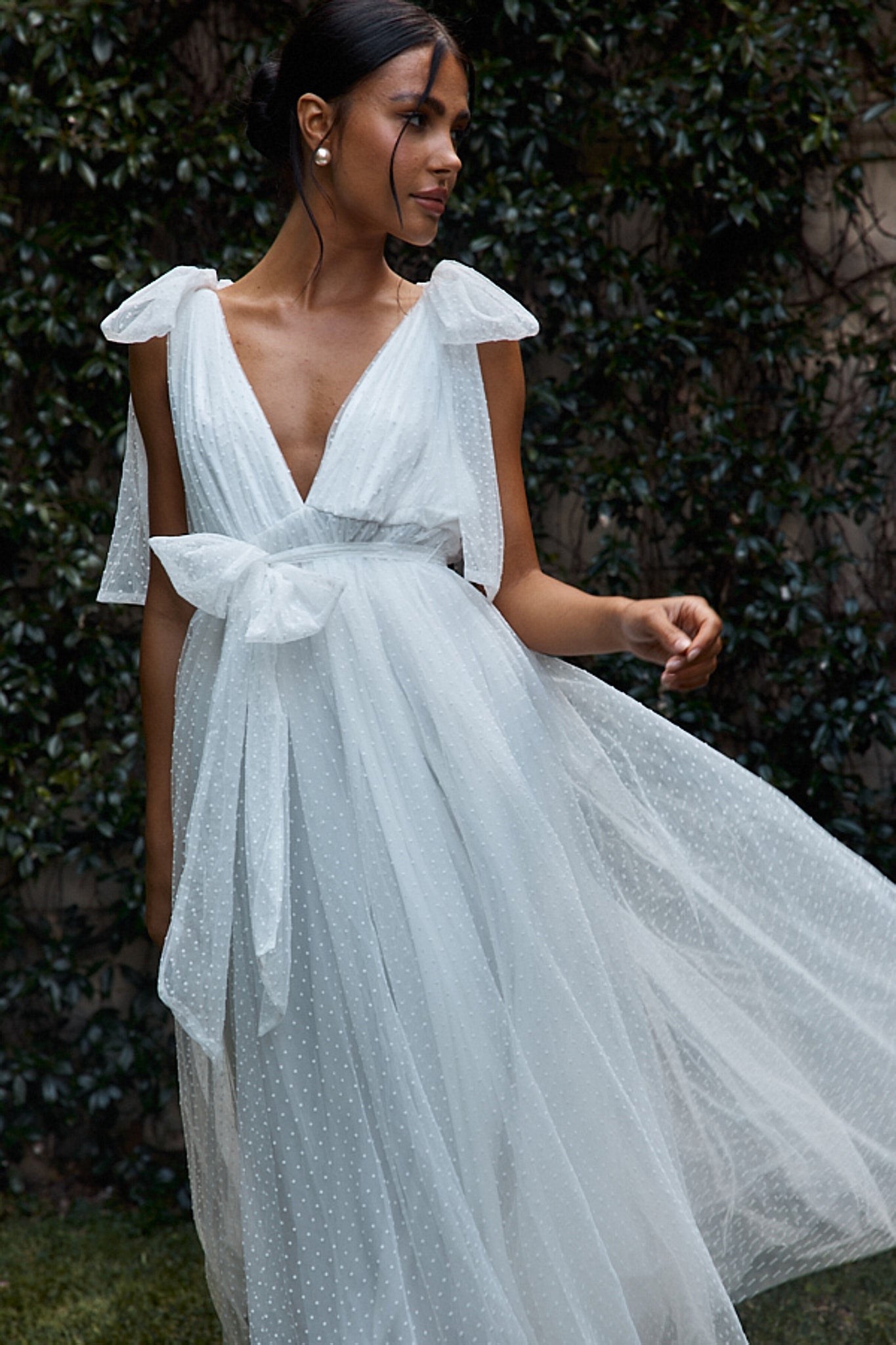 First Waltz Bow Shoulder Hail Spot Midi Dress Off White by Selfie Leslie Australia