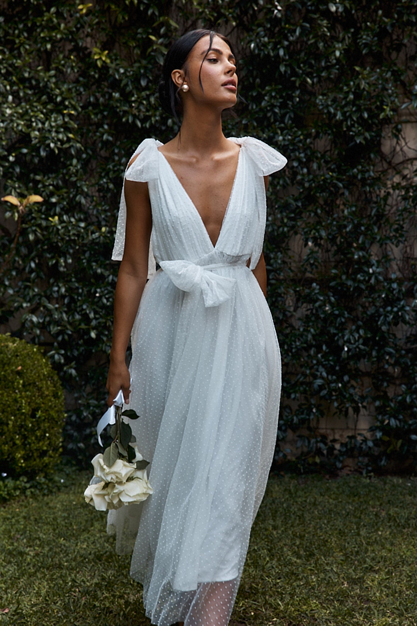 First Waltz Bow Shoulder Hail Spot Midi Dress Off White by Selfie Leslie Australia