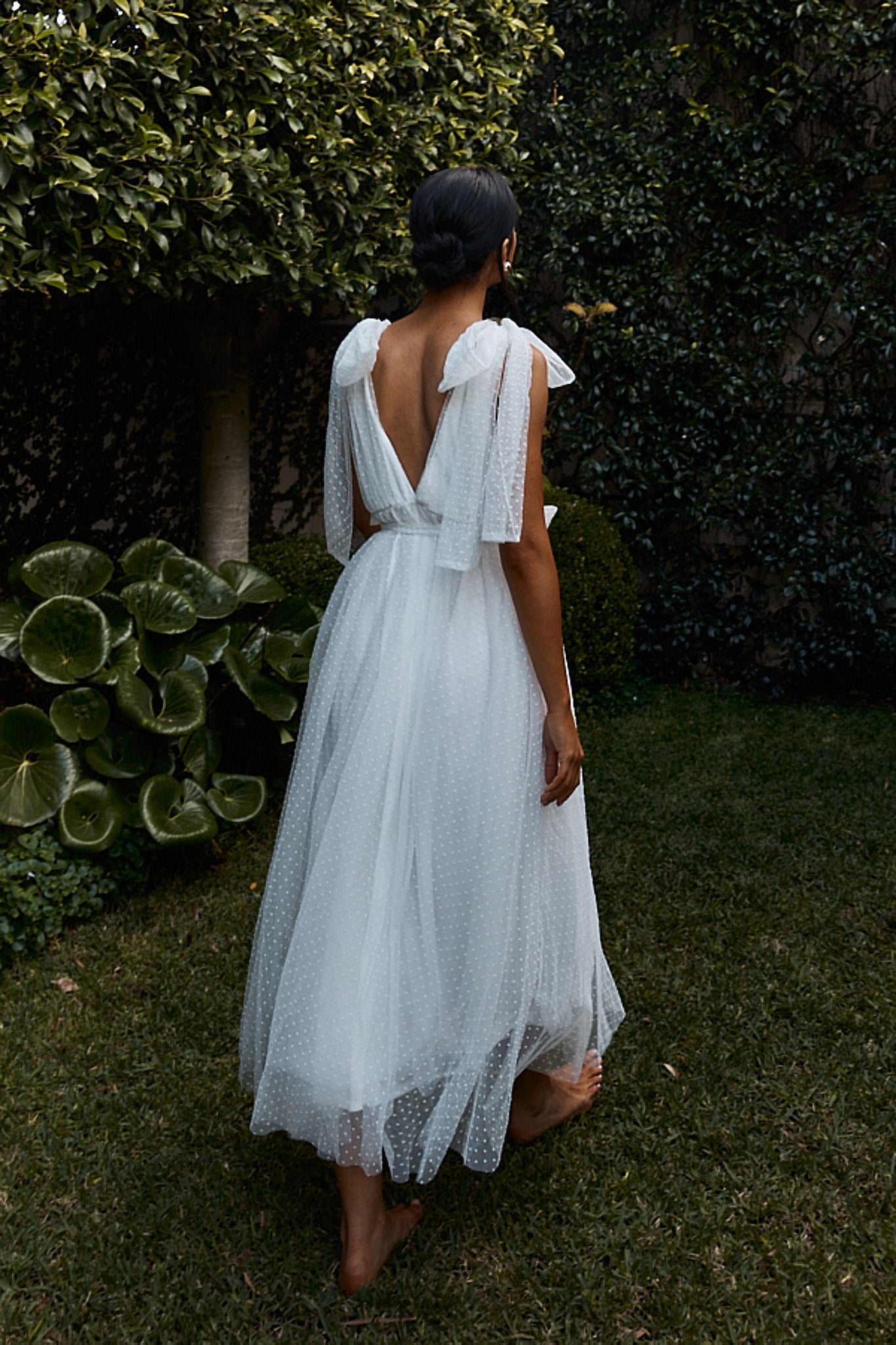 First Waltz Bow Shoulder Hail Spot Midi Dress Off White by Selfie Leslie Australia