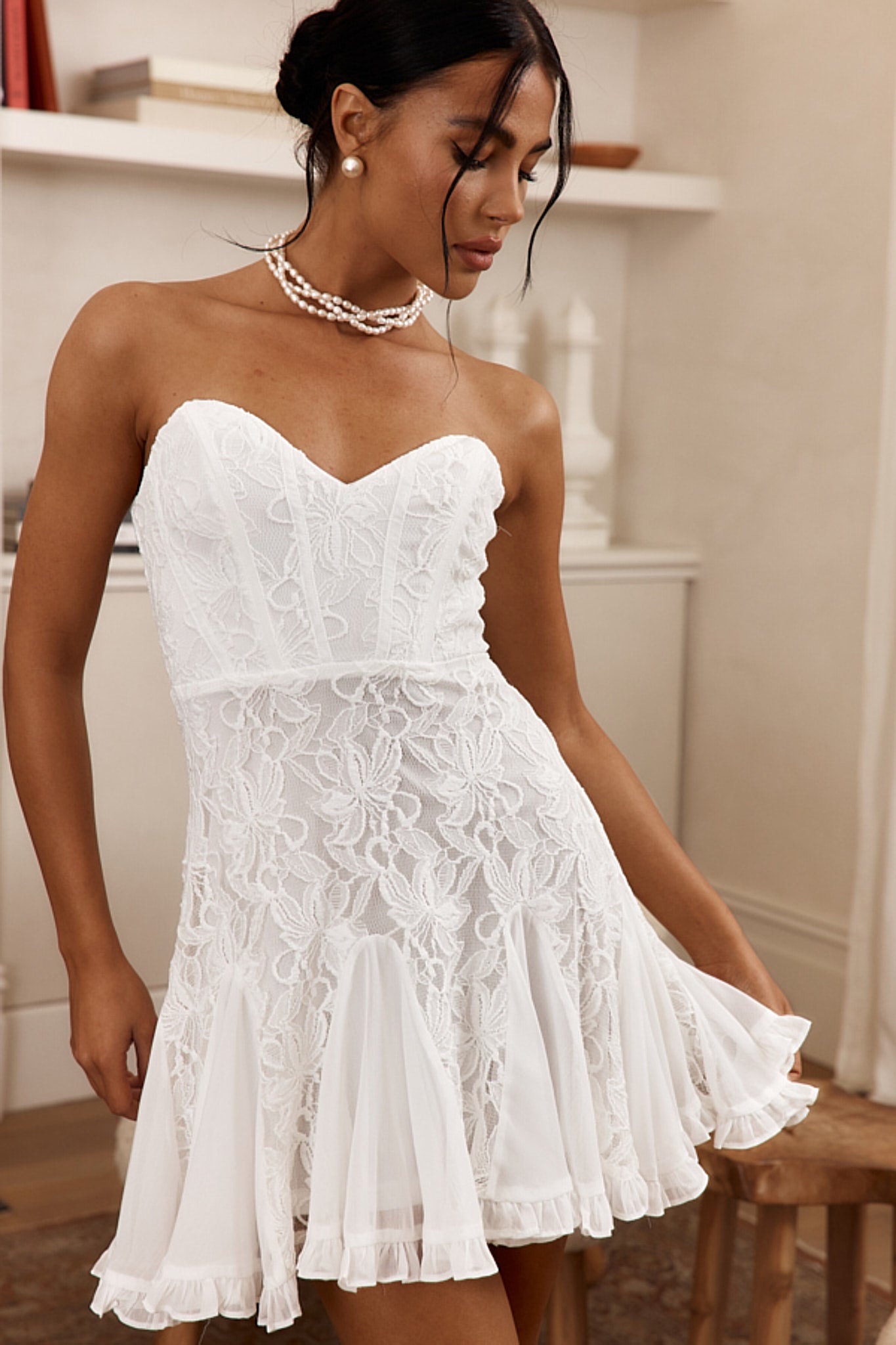Emile Sweetheart Neckline Godet Mini Dress Off White by Selfie Leslie Australia