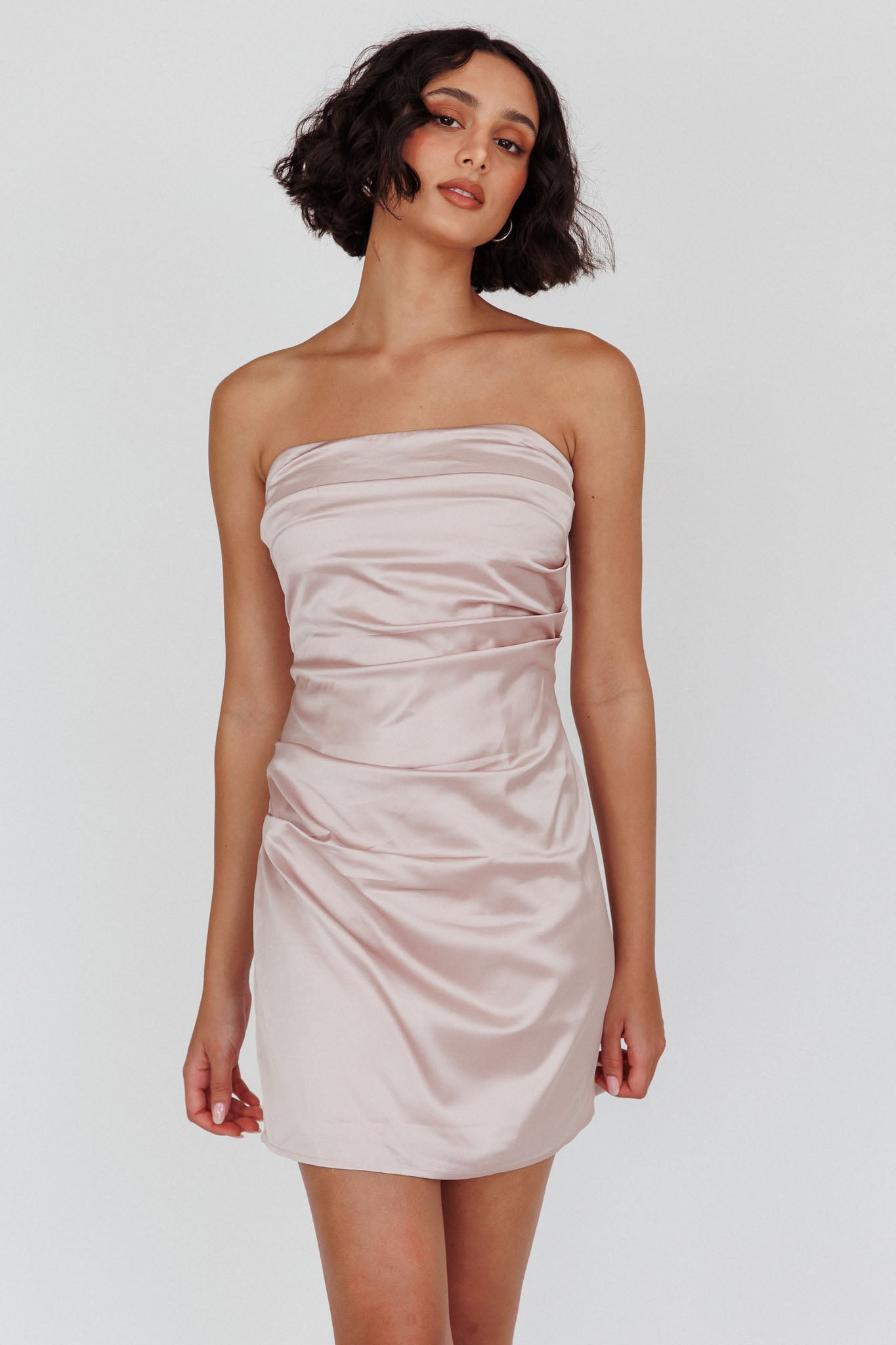 Love Waits Strapless Side Pleat Mini Dress Dirty Blush by Selfie Leslie Australia