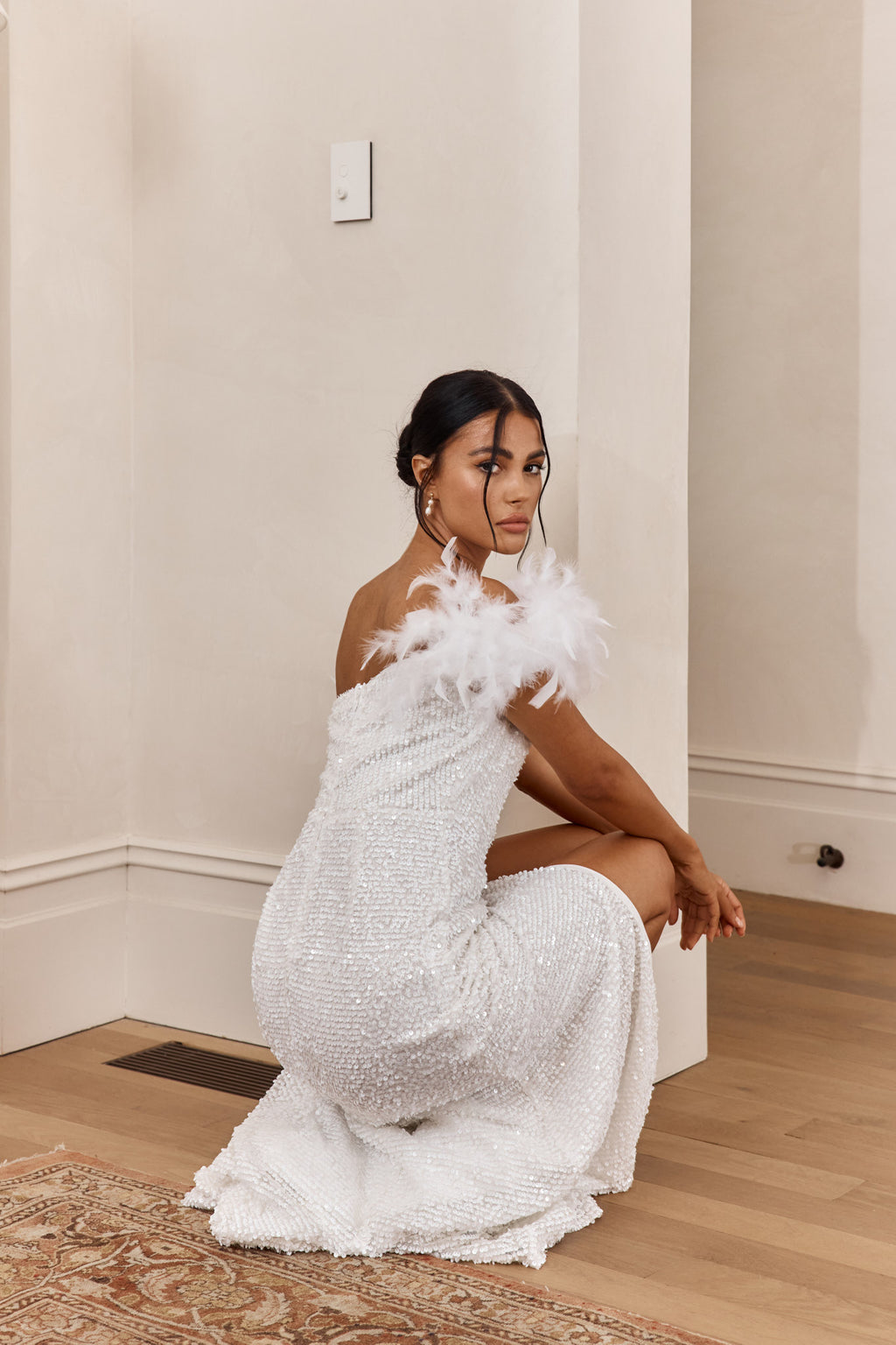 For Lovers Feather Trim Sequin Maxi Dress White by Selfie Leslie Australia