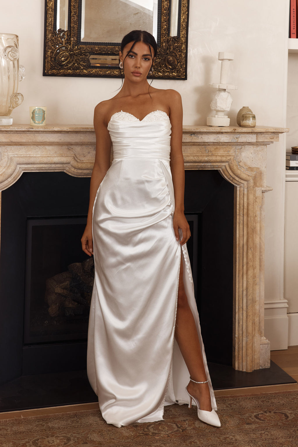 Ahava Sweetheart Applique Satin Maxi Dress White by Selfie Leslie Australia