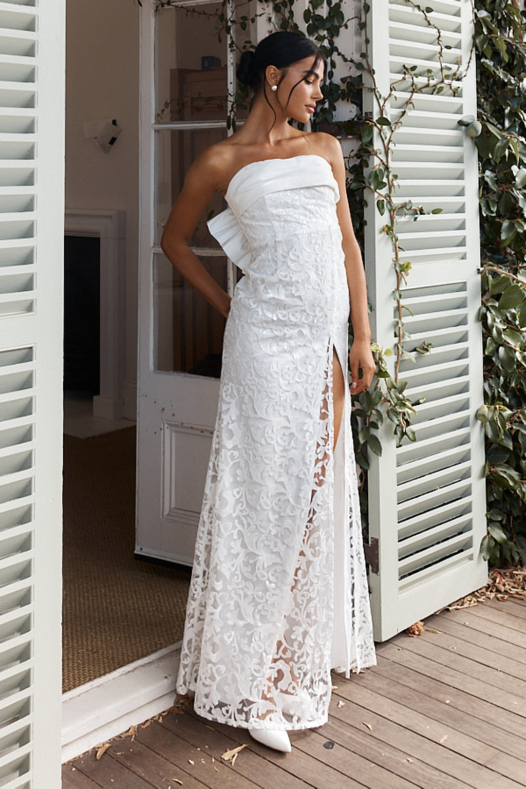 Delphina Strapless Bow Back Lace Dress Ivory by Selfie Leslie Australia