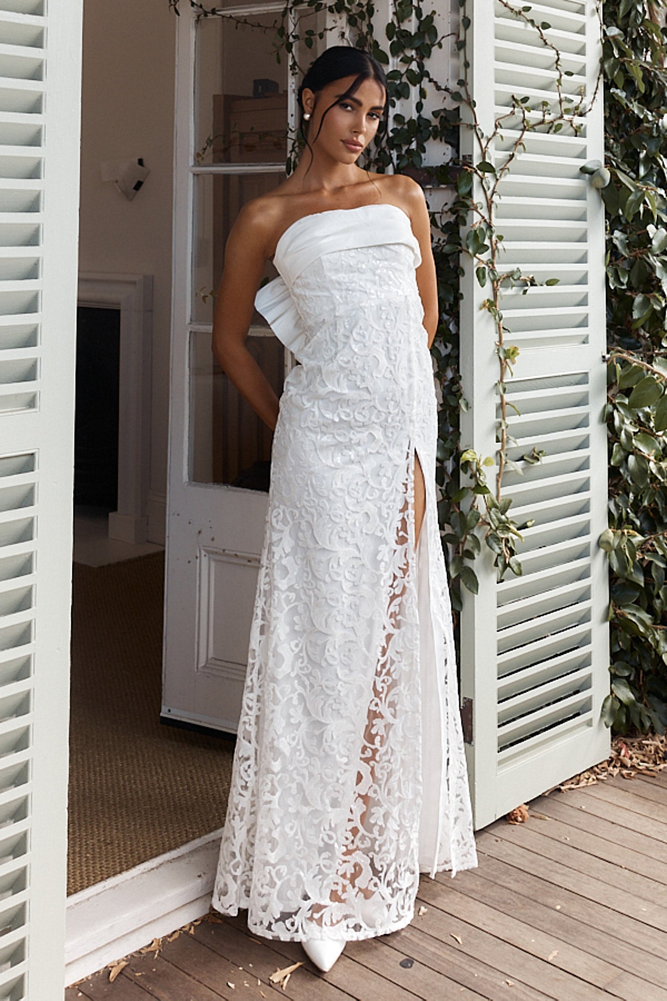 Delphina Strapless Bow Back Lace Dress Ivory by Selfie Leslie Australia