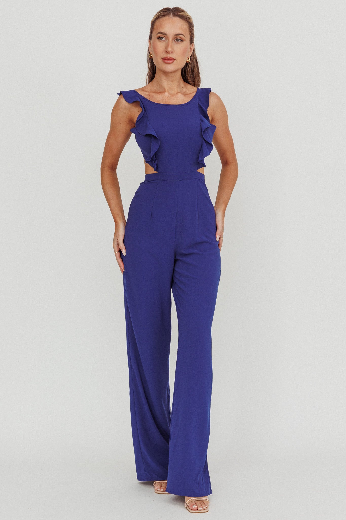 Kiss Me Sleeveless Ruffle Jumpsuit Blue by Selfie Leslie Australia