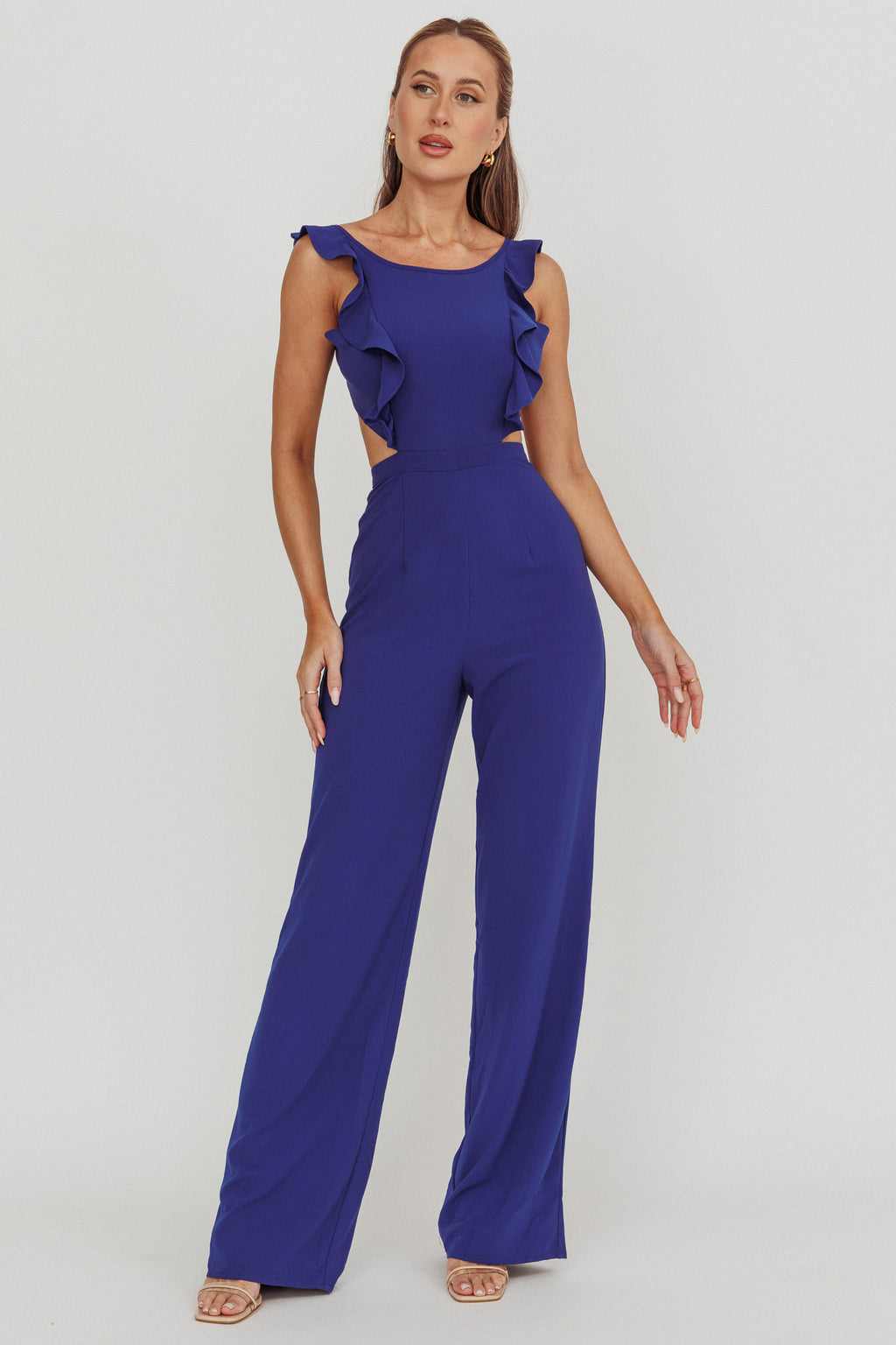 Kiss Me Sleeveless Ruffle Jumpsuit Blue by Selfie Leslie Australia