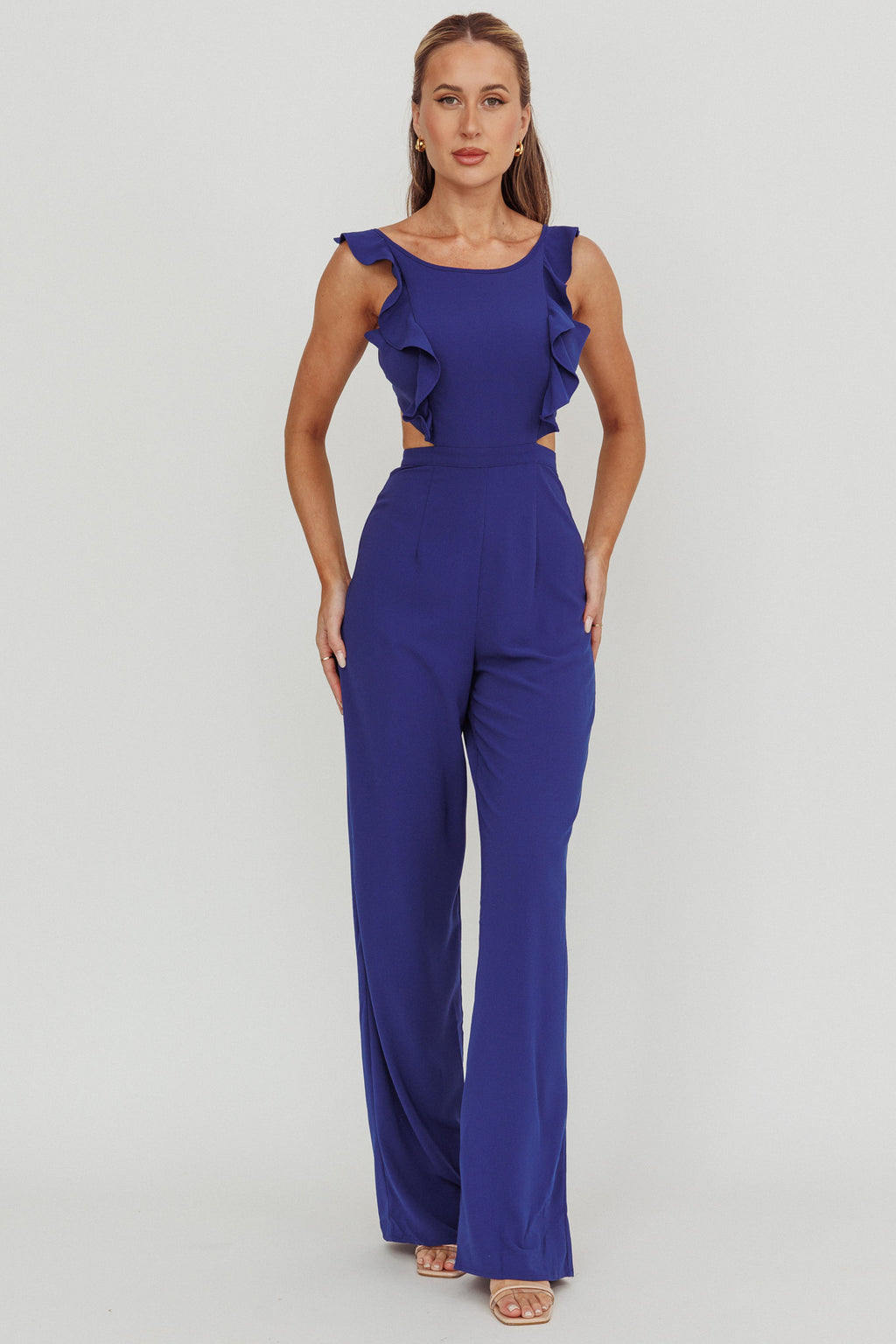 Kiss Me Sleeveless Ruffle Jumpsuit Blue by Selfie Leslie Australia