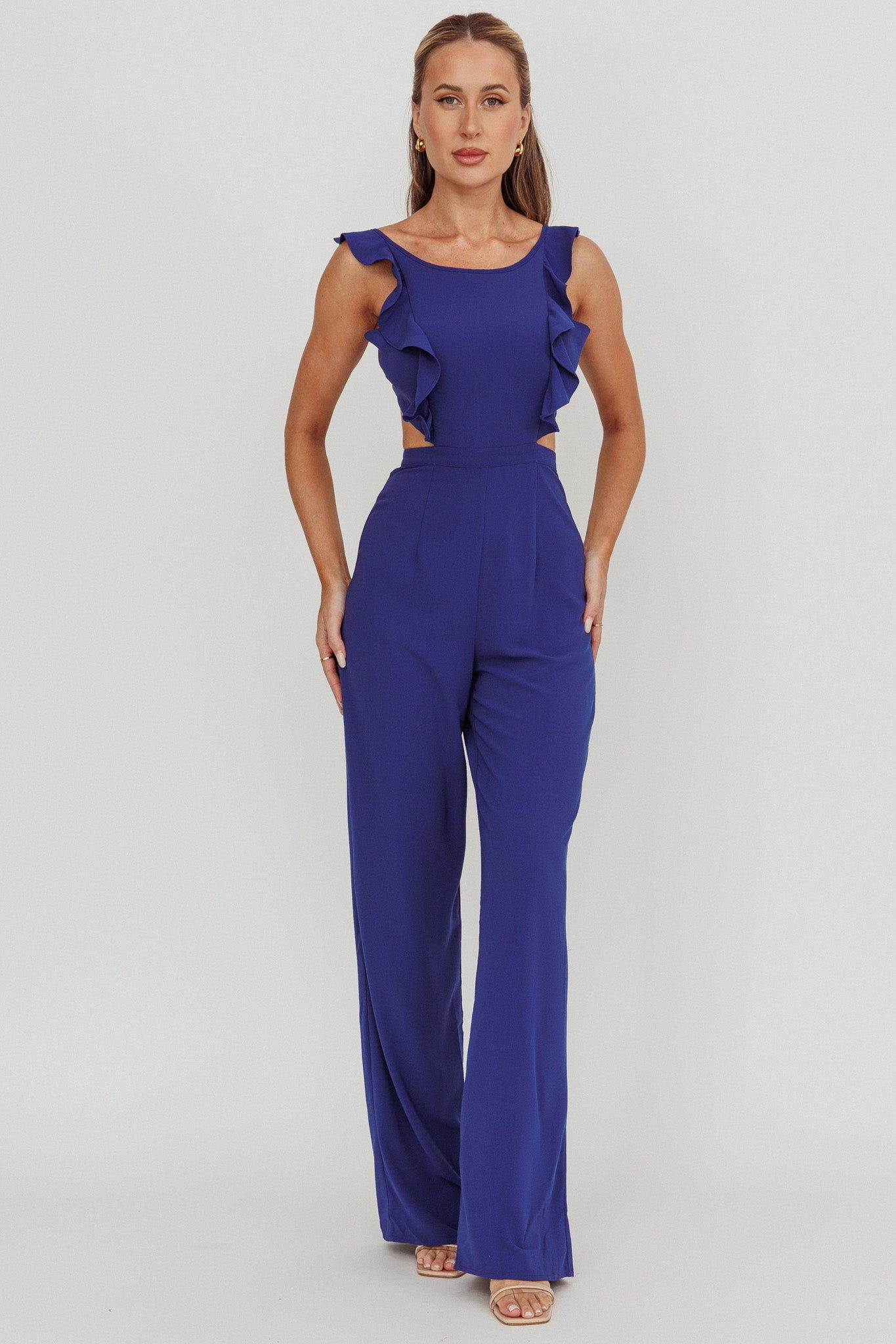 Kiss Me Sleeveless Ruffle Jumpsuit Blue by Selfie Leslie Australia