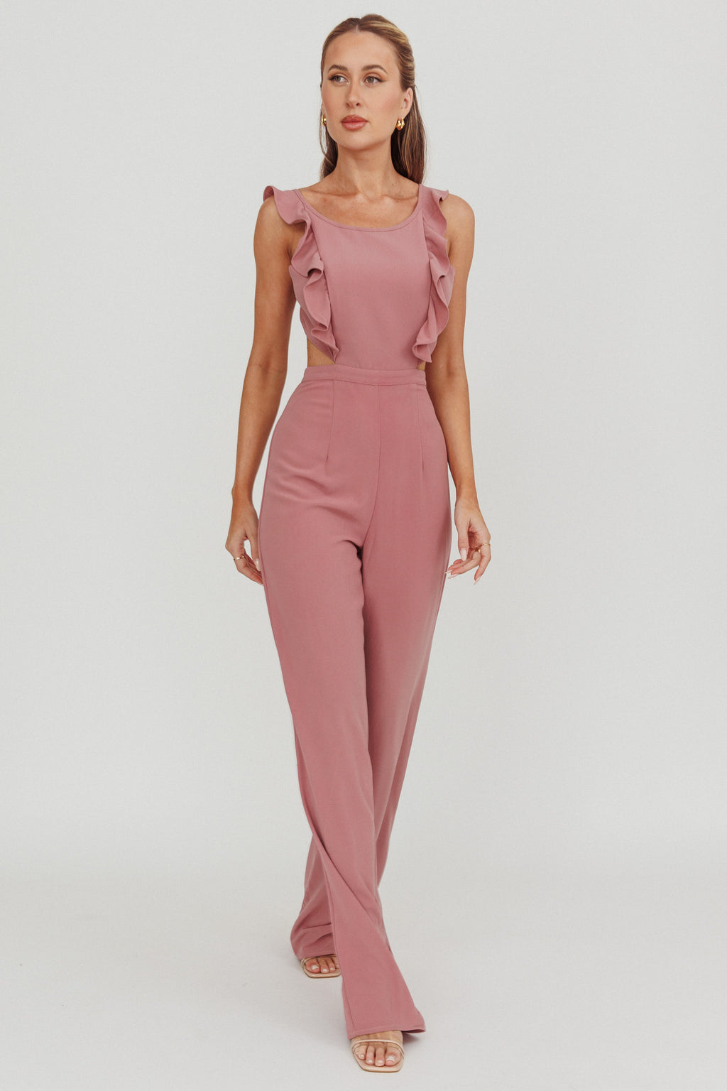 Kiss Me Sleeveless Ruffle Jumpsuit Pink by Selfie Leslie Australia