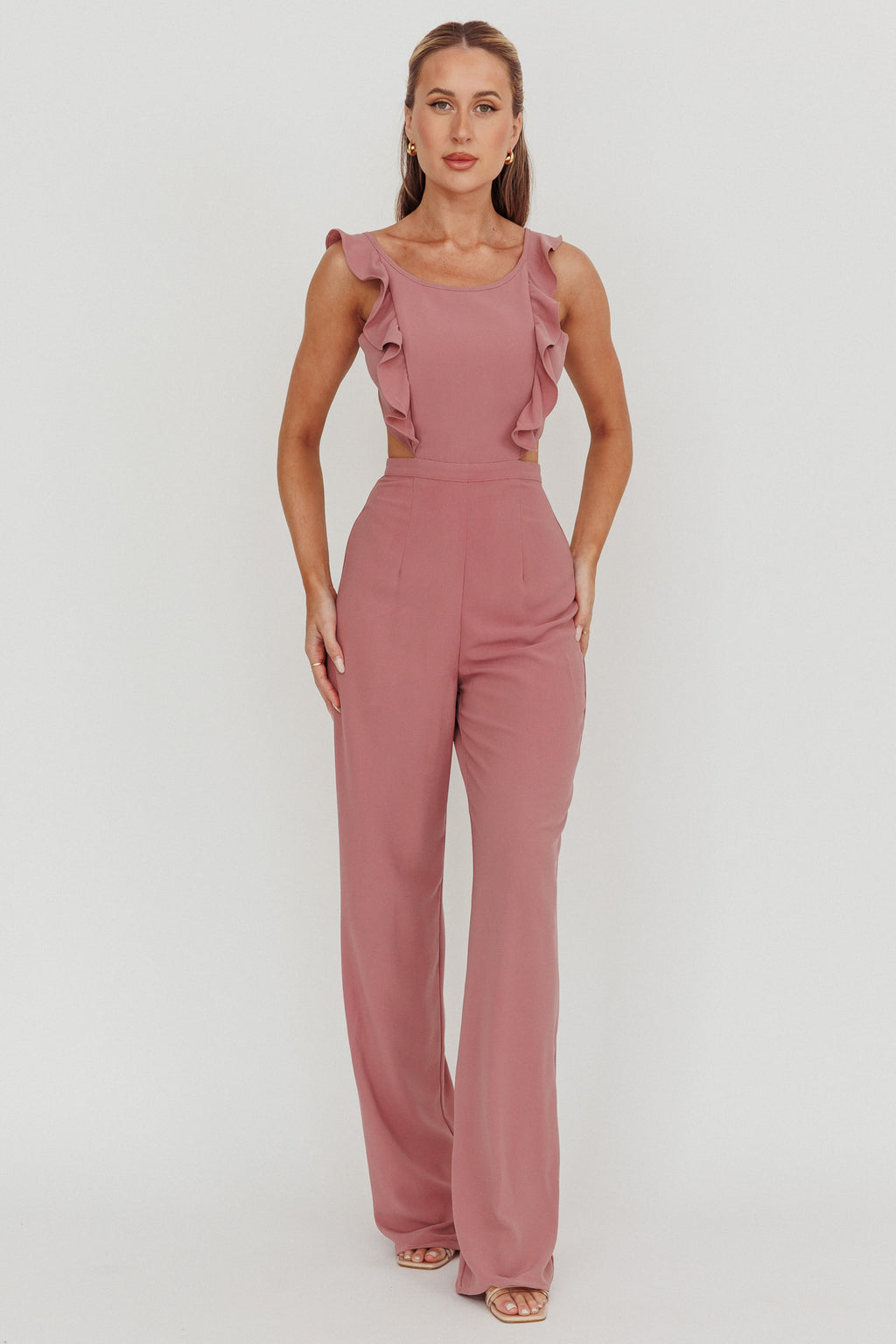 Kiss Me Sleeveless Ruffle Jumpsuit Pink by Selfie Leslie Australia