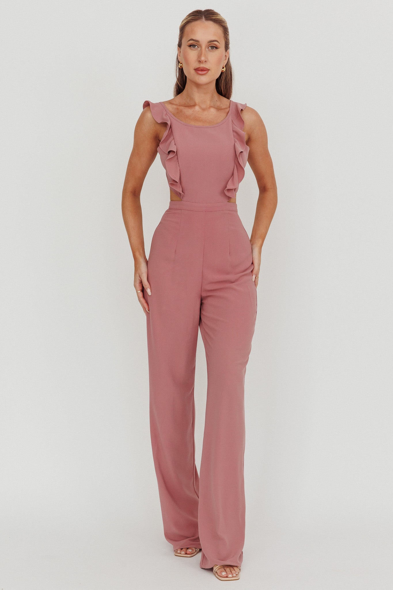 Kiss Me Sleeveless Ruffle Jumpsuit Pink by Selfie Leslie Australia