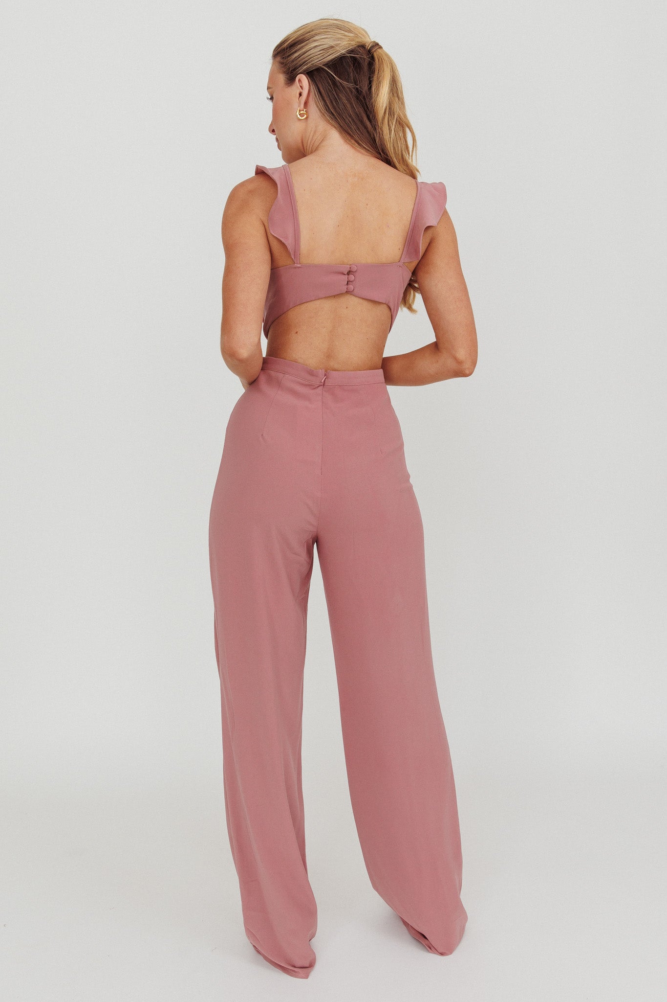 Kiss Me Sleeveless Ruffle Jumpsuit Pink by Selfie Leslie Australia