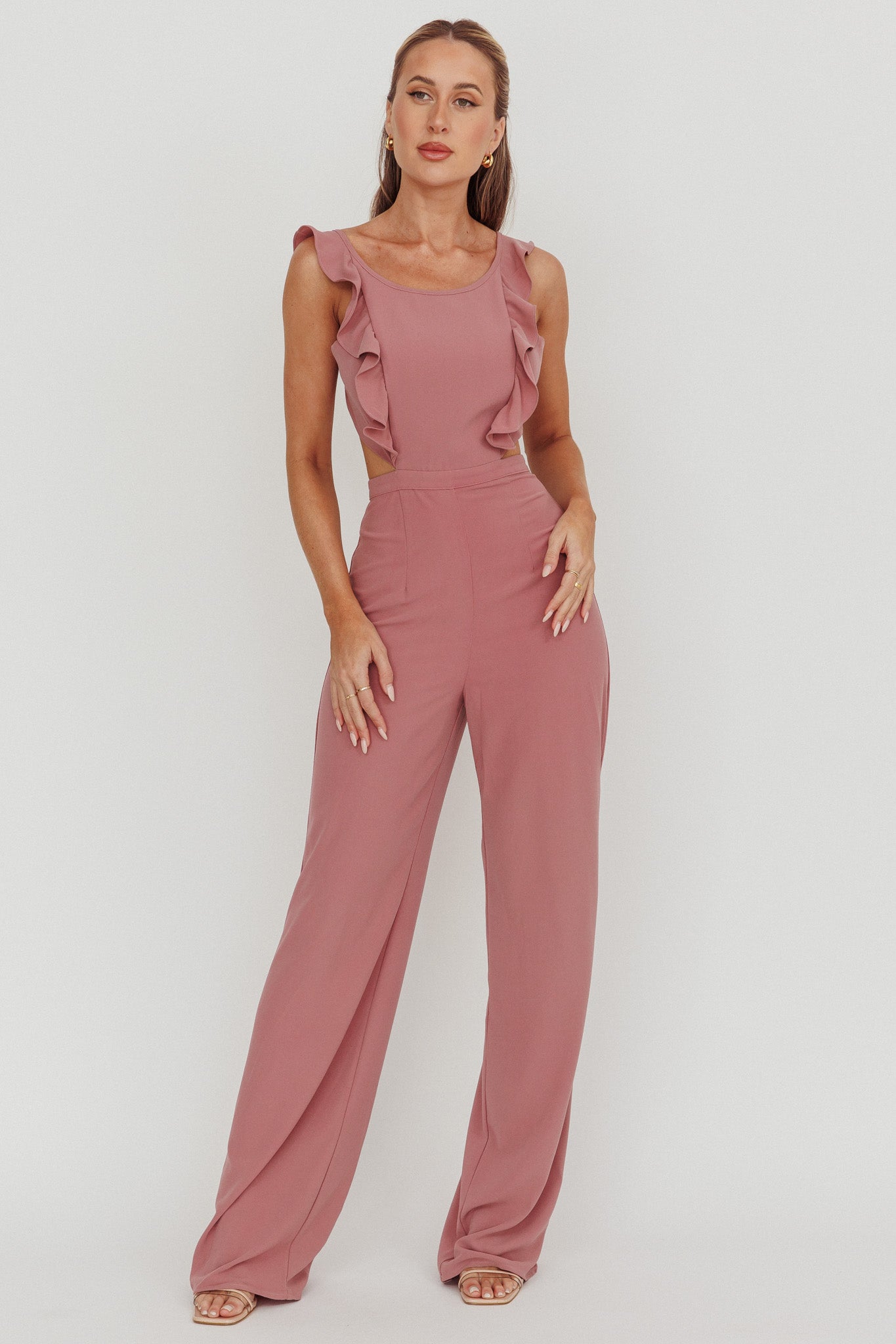Kiss Me Sleeveless Ruffle Jumpsuit Pink by Selfie Leslie Australia