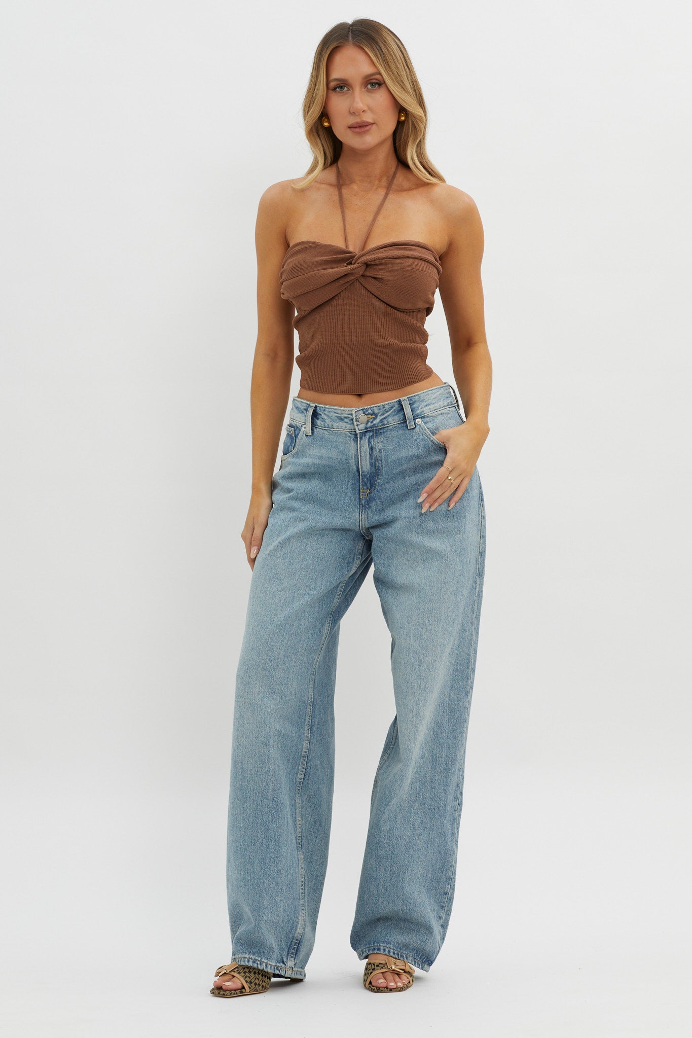 Solitude Twist Bust Knit Top Brown by Selfie Leslie Australia