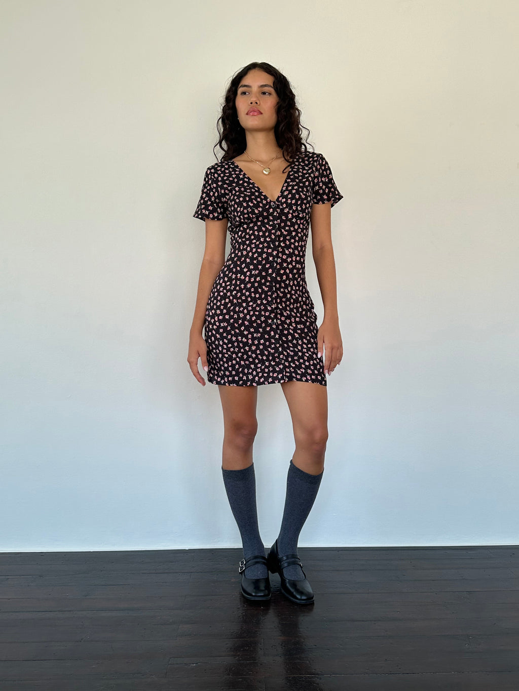 Field Trip Button Front Mini Dress Black Floral by Selfie Leslie Australia