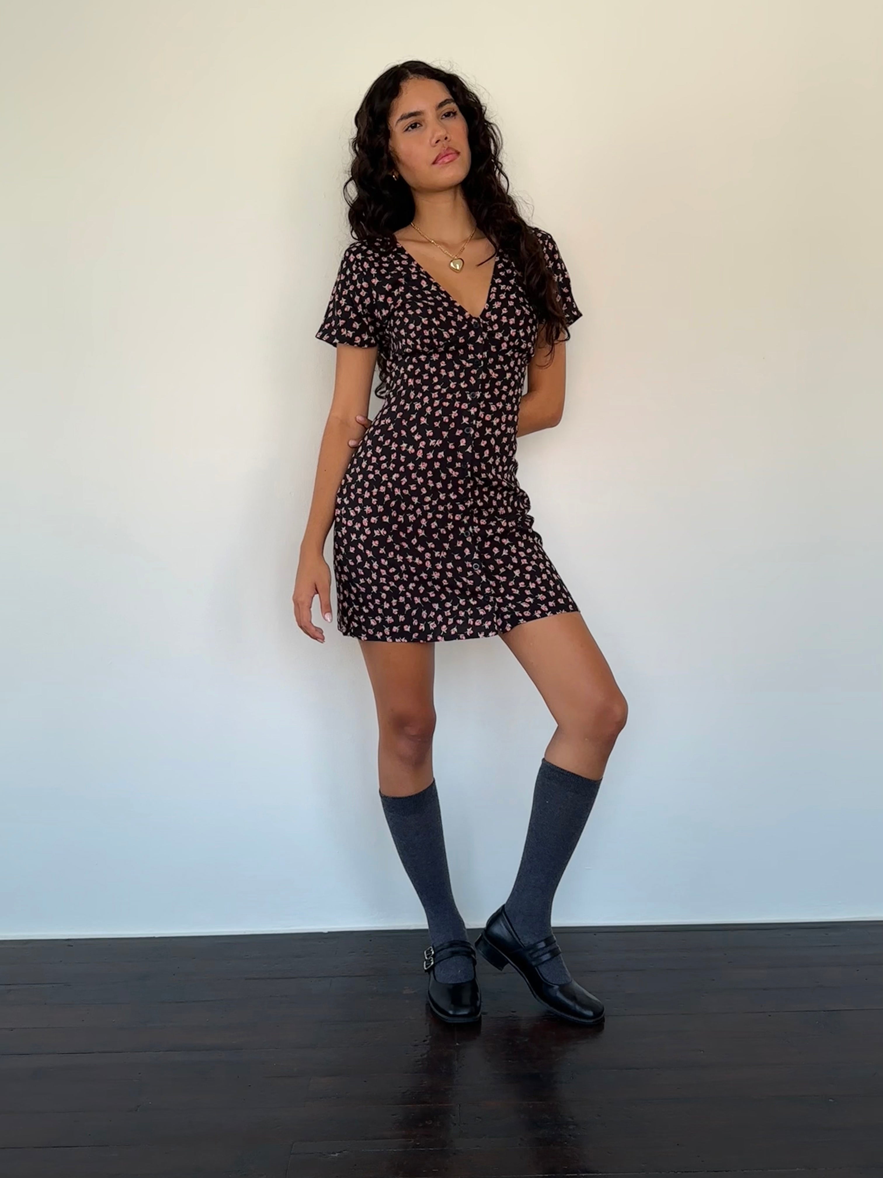 Field Trip Button Front Mini Dress Black Floral by Selfie Leslie Australia