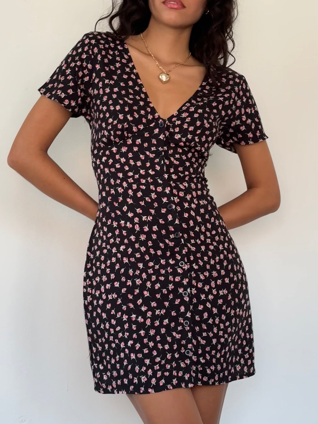 Field Trip Button Front Mini Dress Black Floral by Selfie Leslie Australia