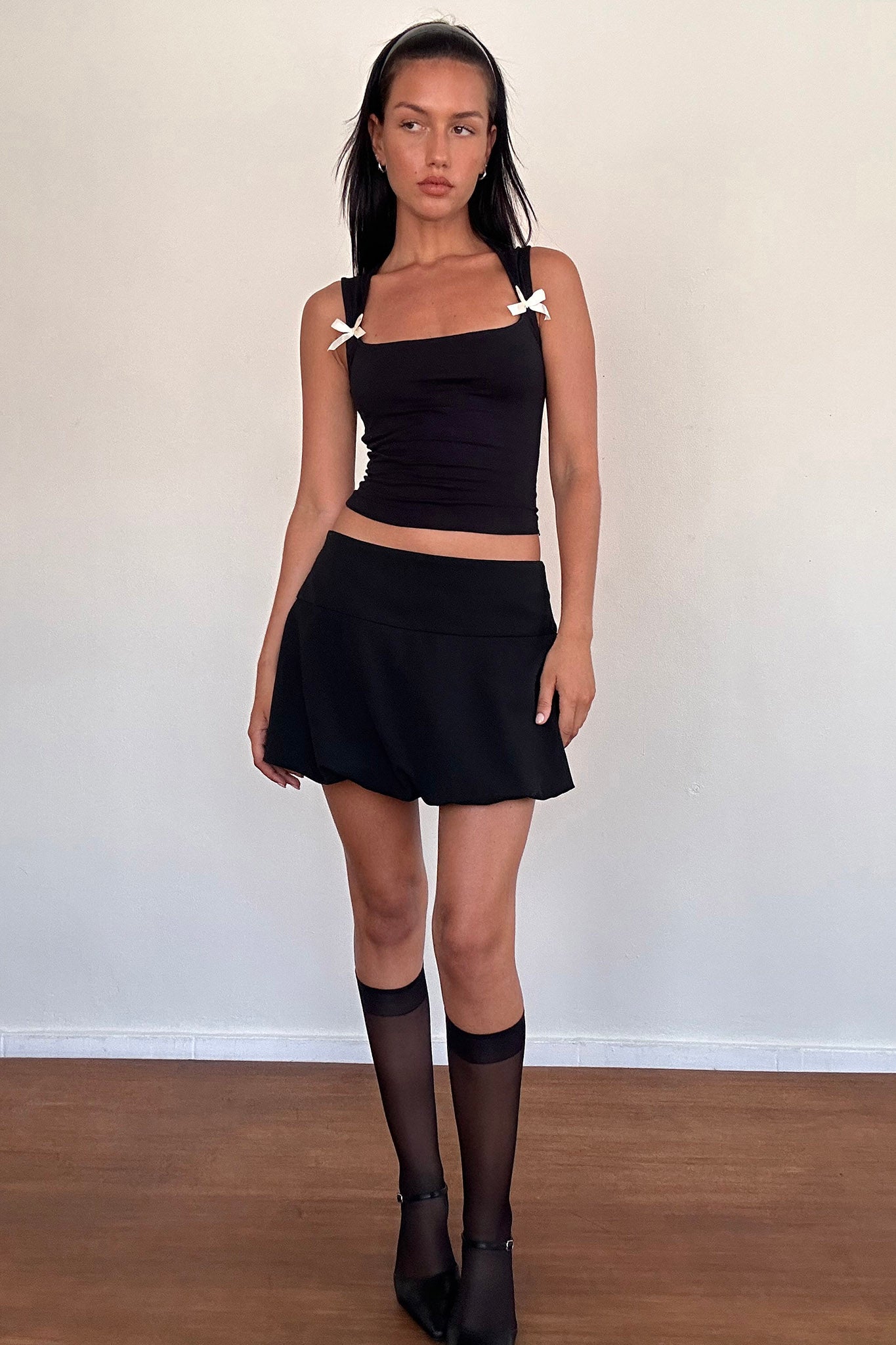 Jiniso Crop Top In Black With Ivory Bows by Selfie Leslie Australia