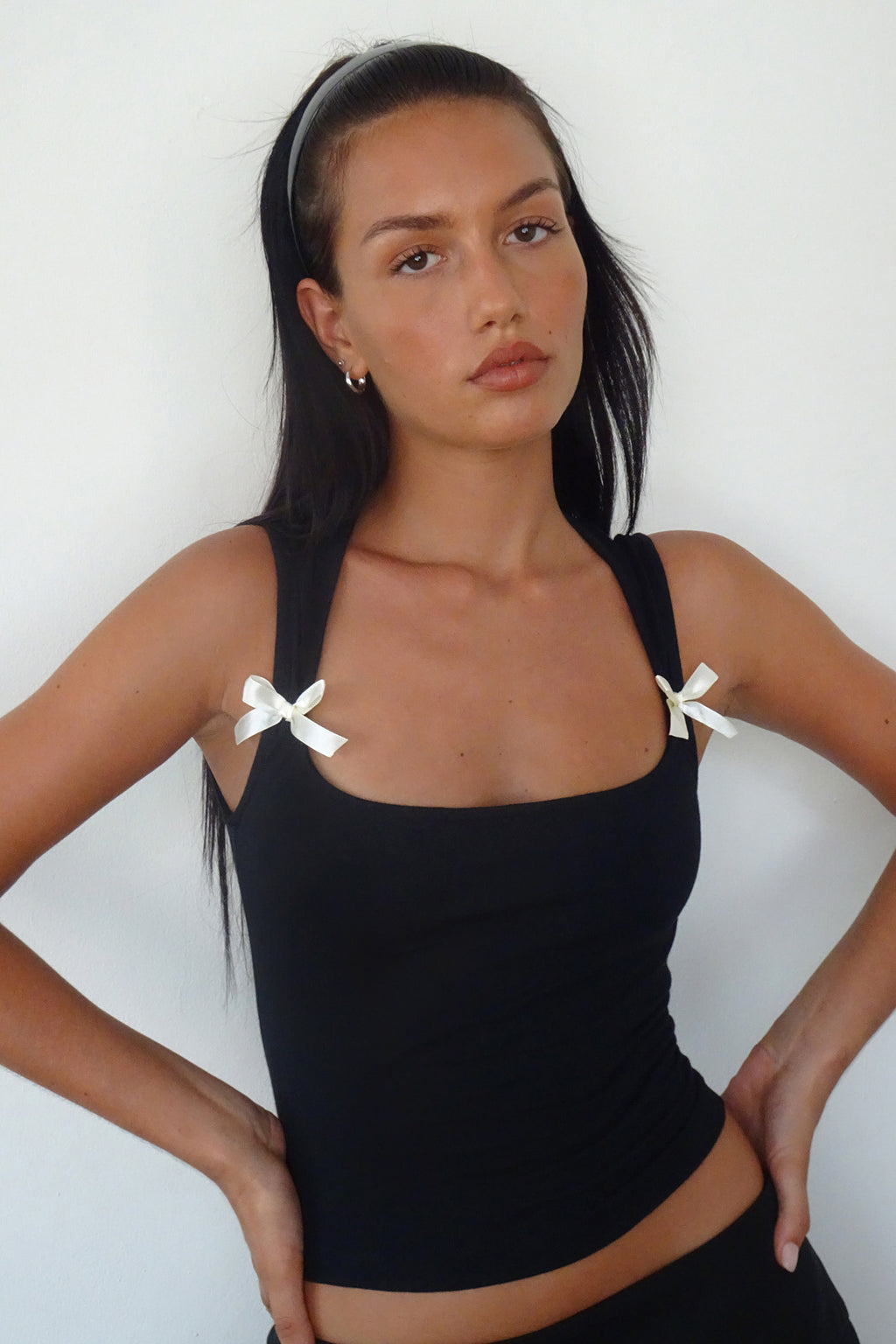 Jiniso Crop Top In Black With Ivory Bows by Selfie Leslie Australia