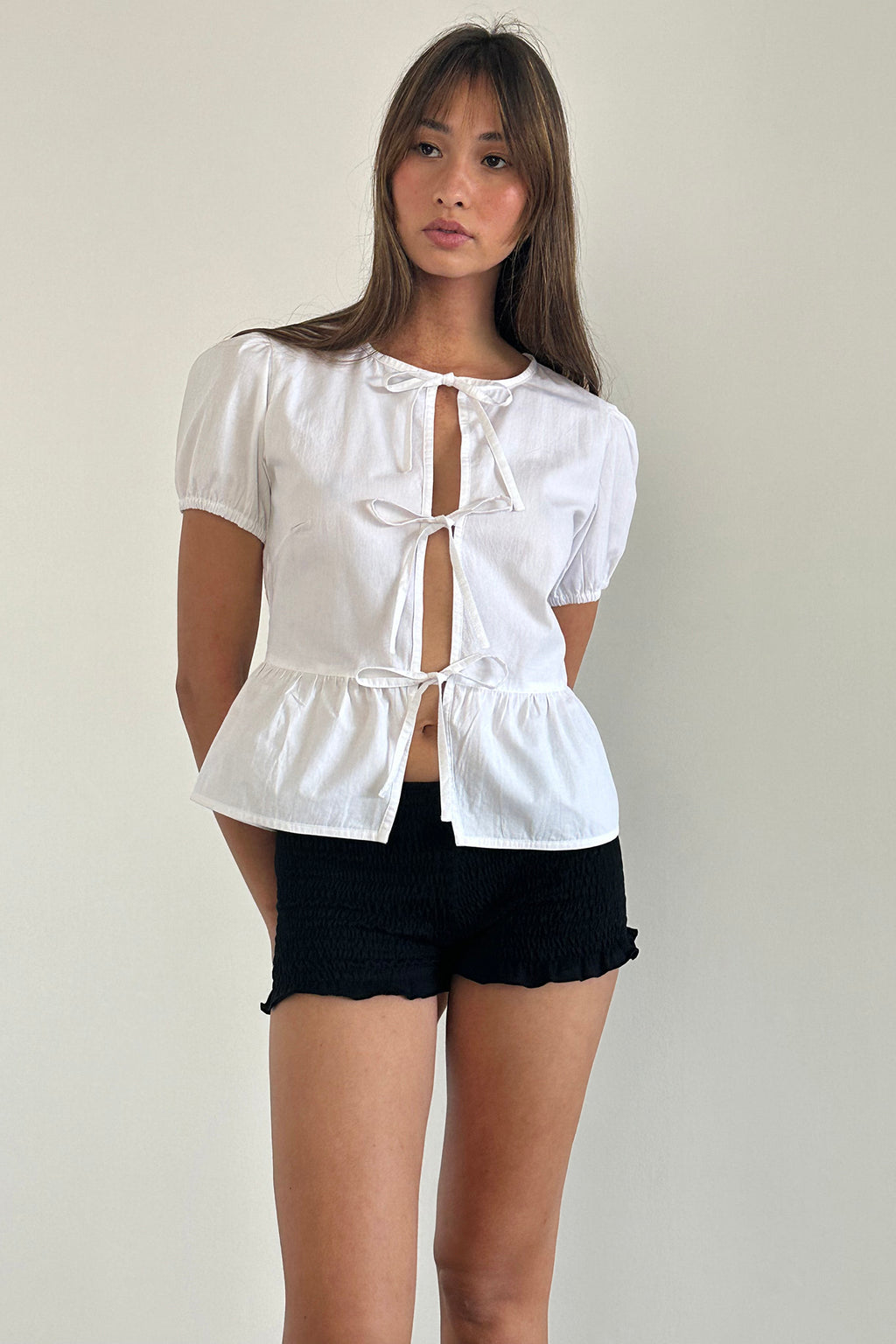 Scandi Puff Sleeve Tie Front Top White by Selfie Leslie Australia