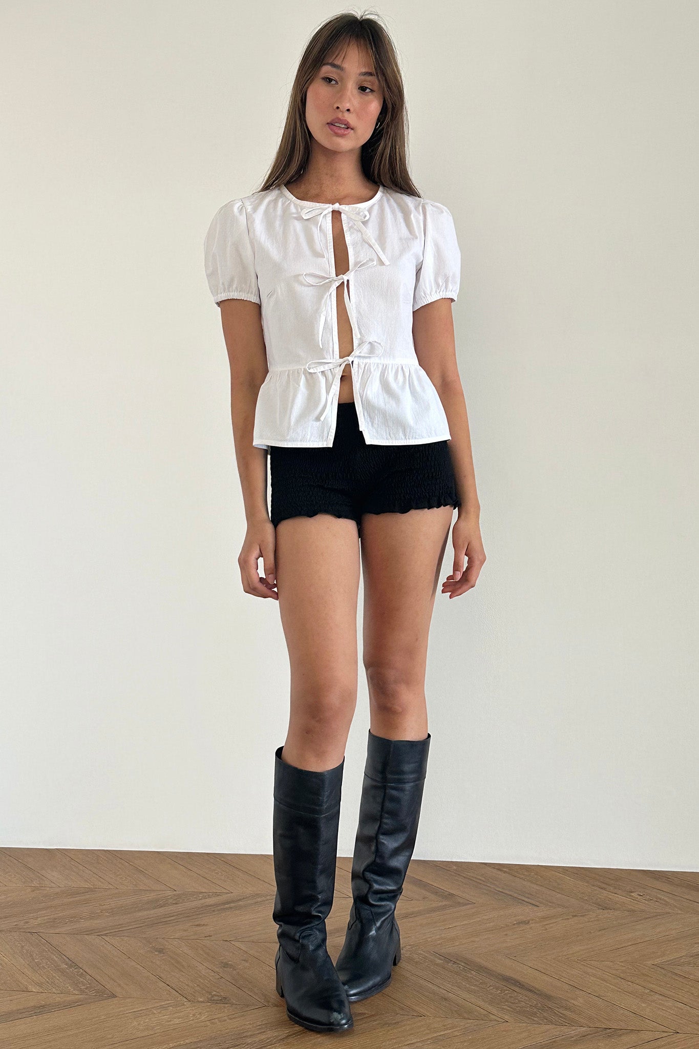 Scandi Puff Sleeve Tie Front Top White by Selfie Leslie Australia