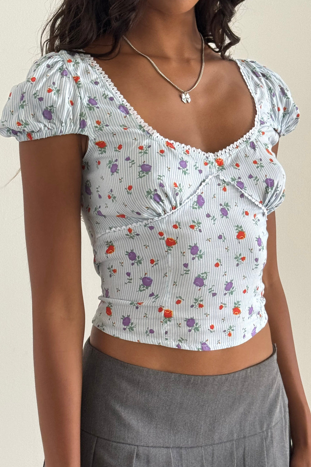 Adrian Puff Cap Sleeve Top Blue Floral by Selfie Leslie Australia
