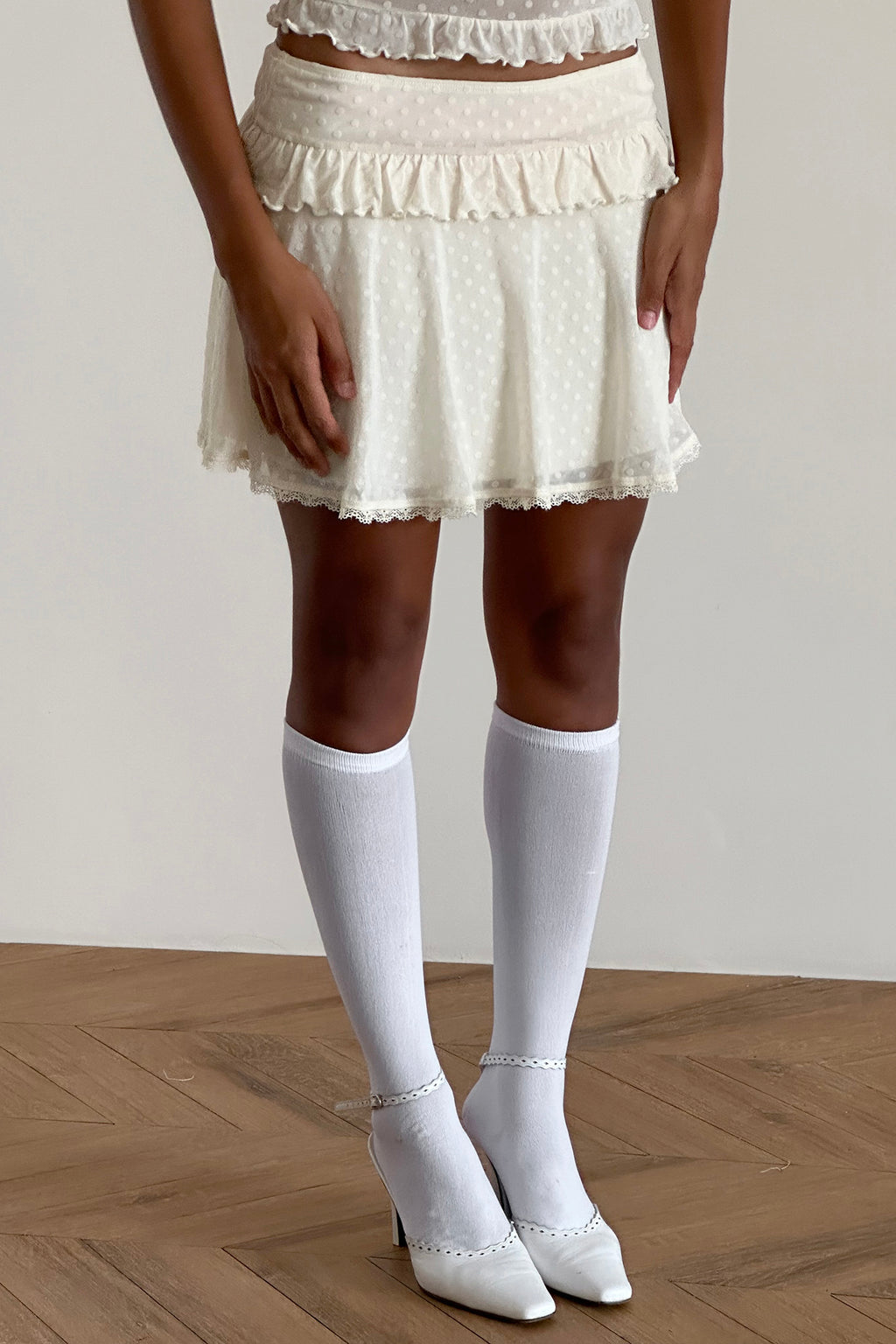 Gastri Mini Skirt In Ivory Polka Flock by Selfie Leslie Australia