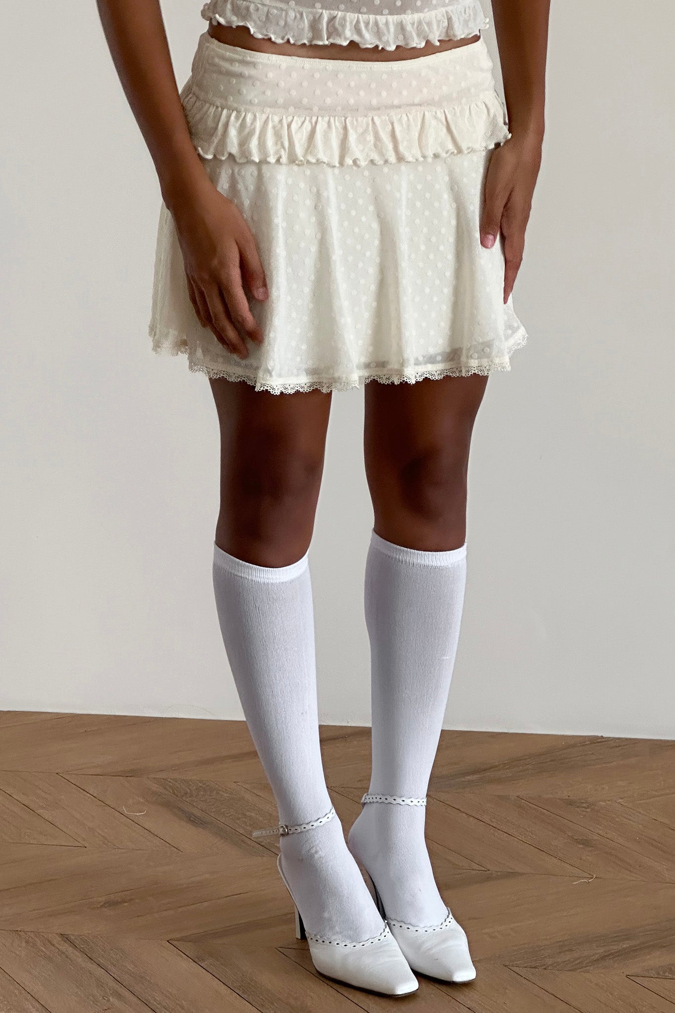 Gastri Mini Skirt In Ivory Polka Flock by Selfie Leslie Australia