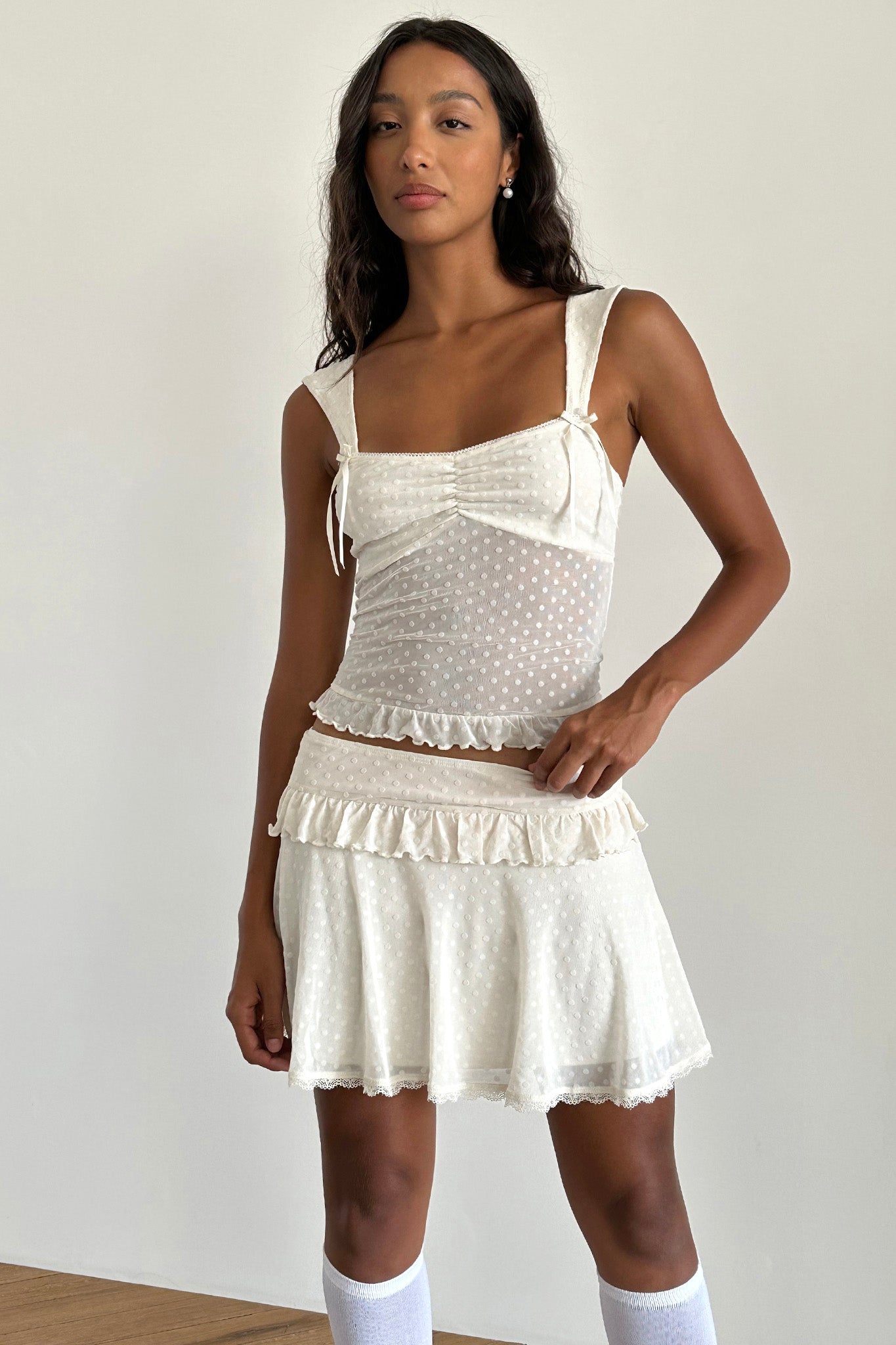 Gastri Mini Skirt In Ivory Polka Flock by Selfie Leslie Australia