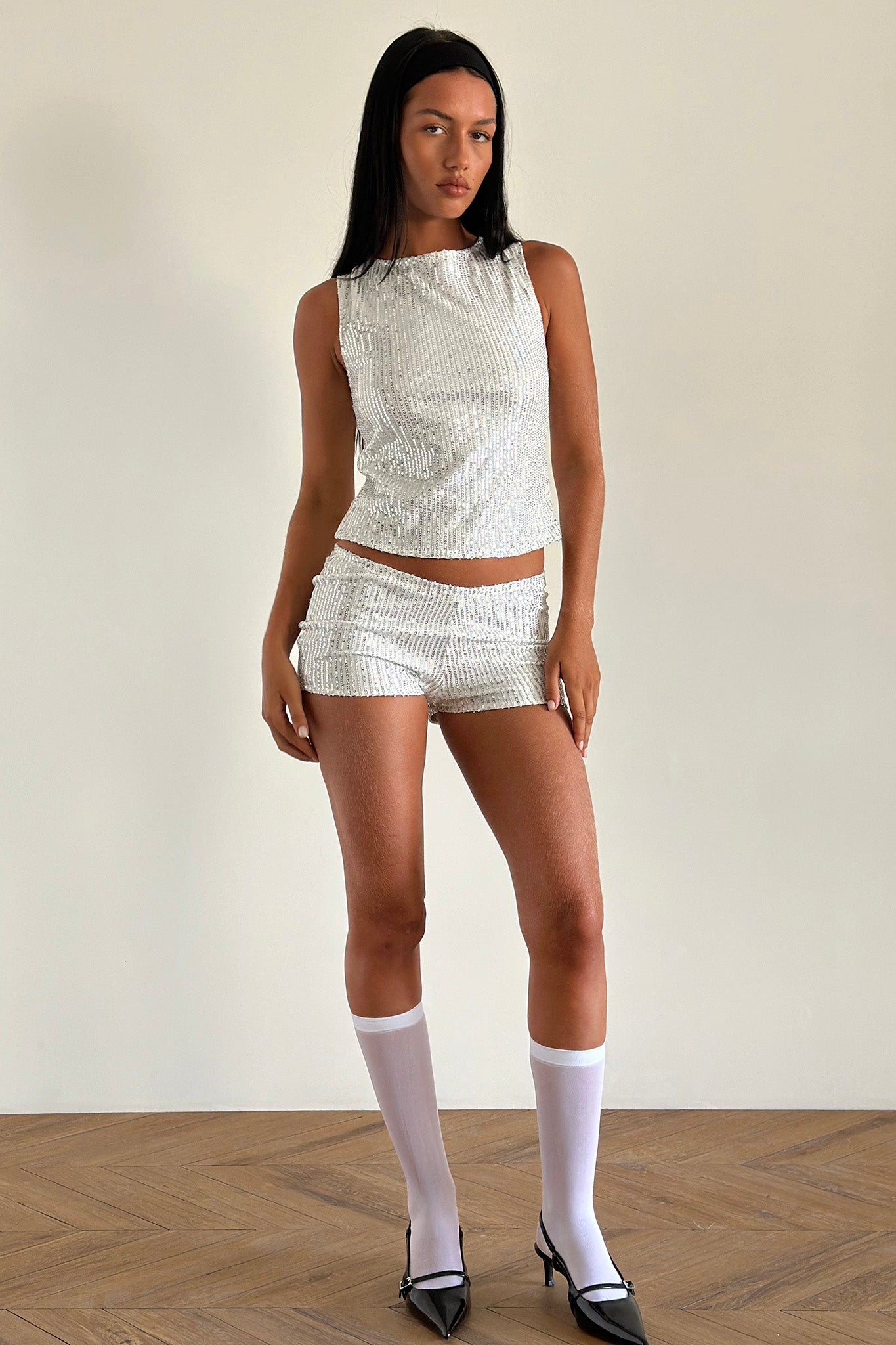 Erna Shorts Silver Chrome Sequin by Selfie Leslie Australia