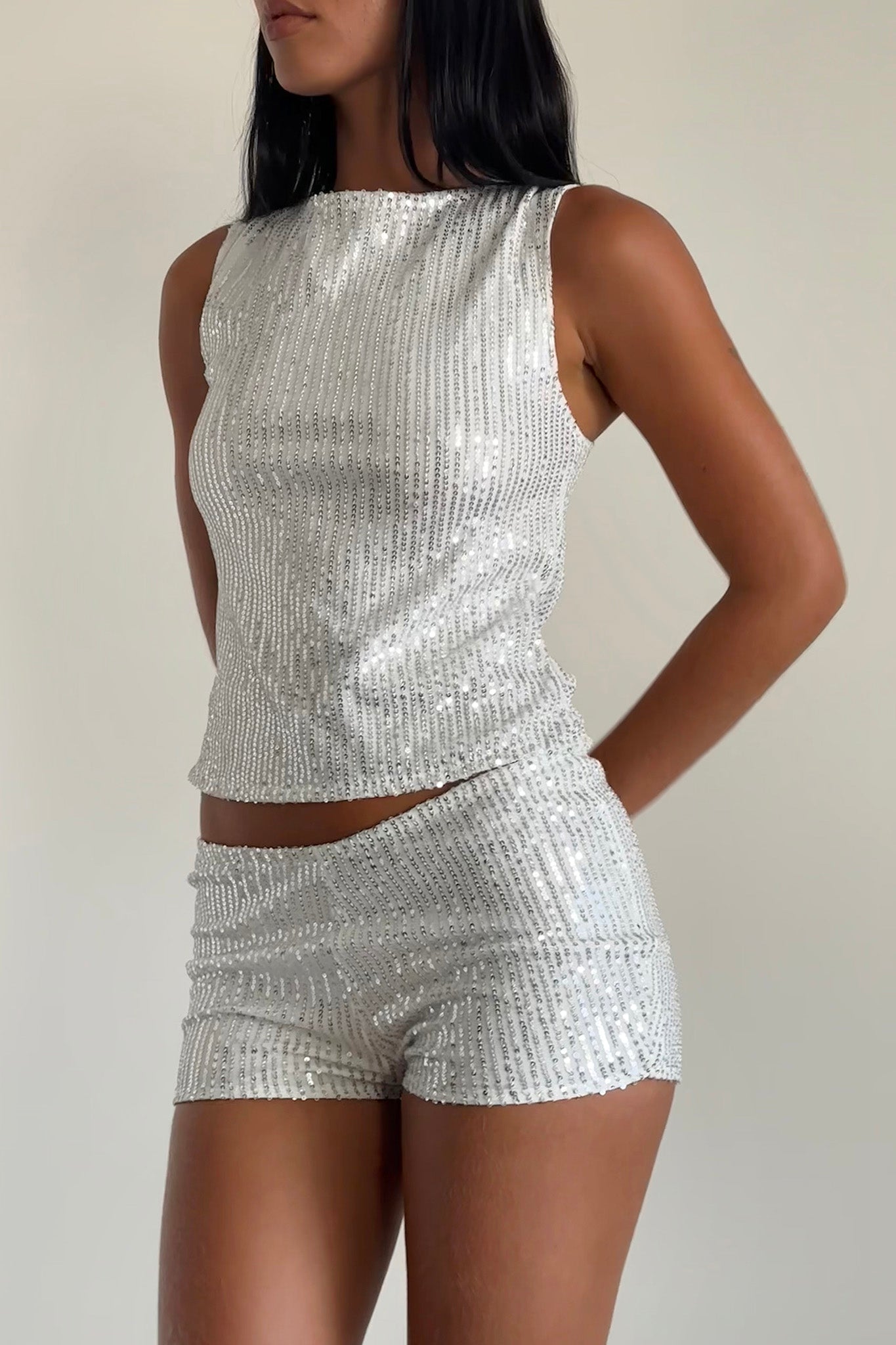 Erna Shorts Silver Chrome Sequin by Selfie Leslie Australia