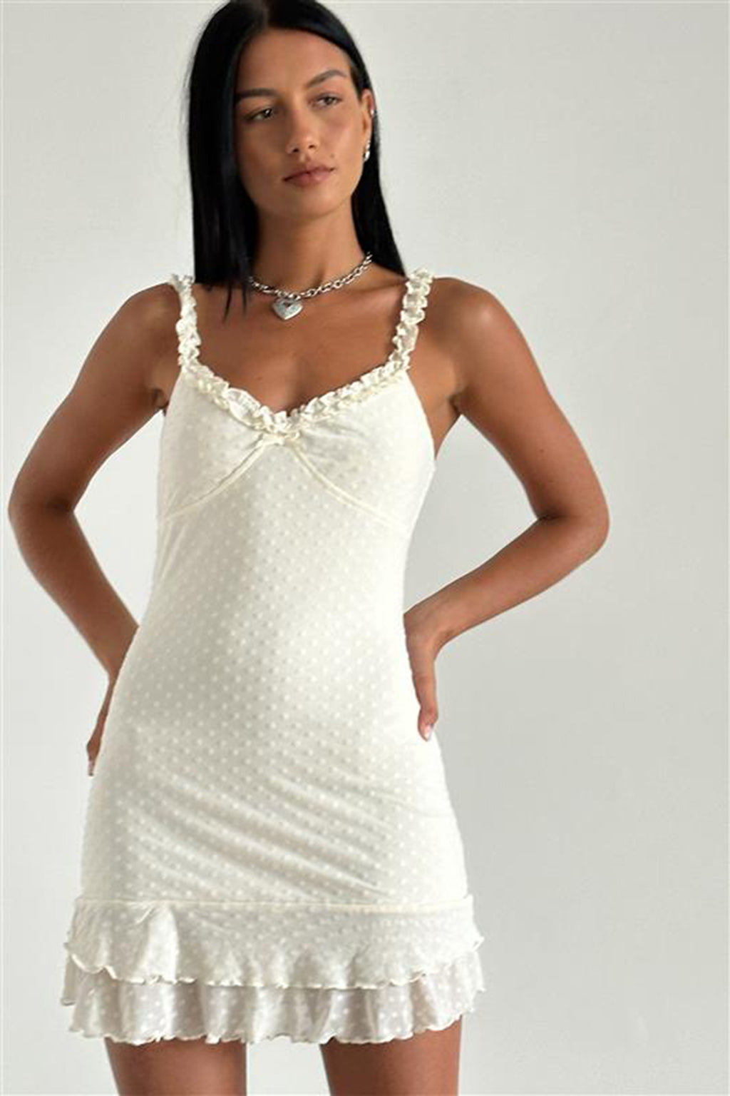 Riri Frill Strap Textured Mini Dress Ivory by Selfie Leslie Australia
