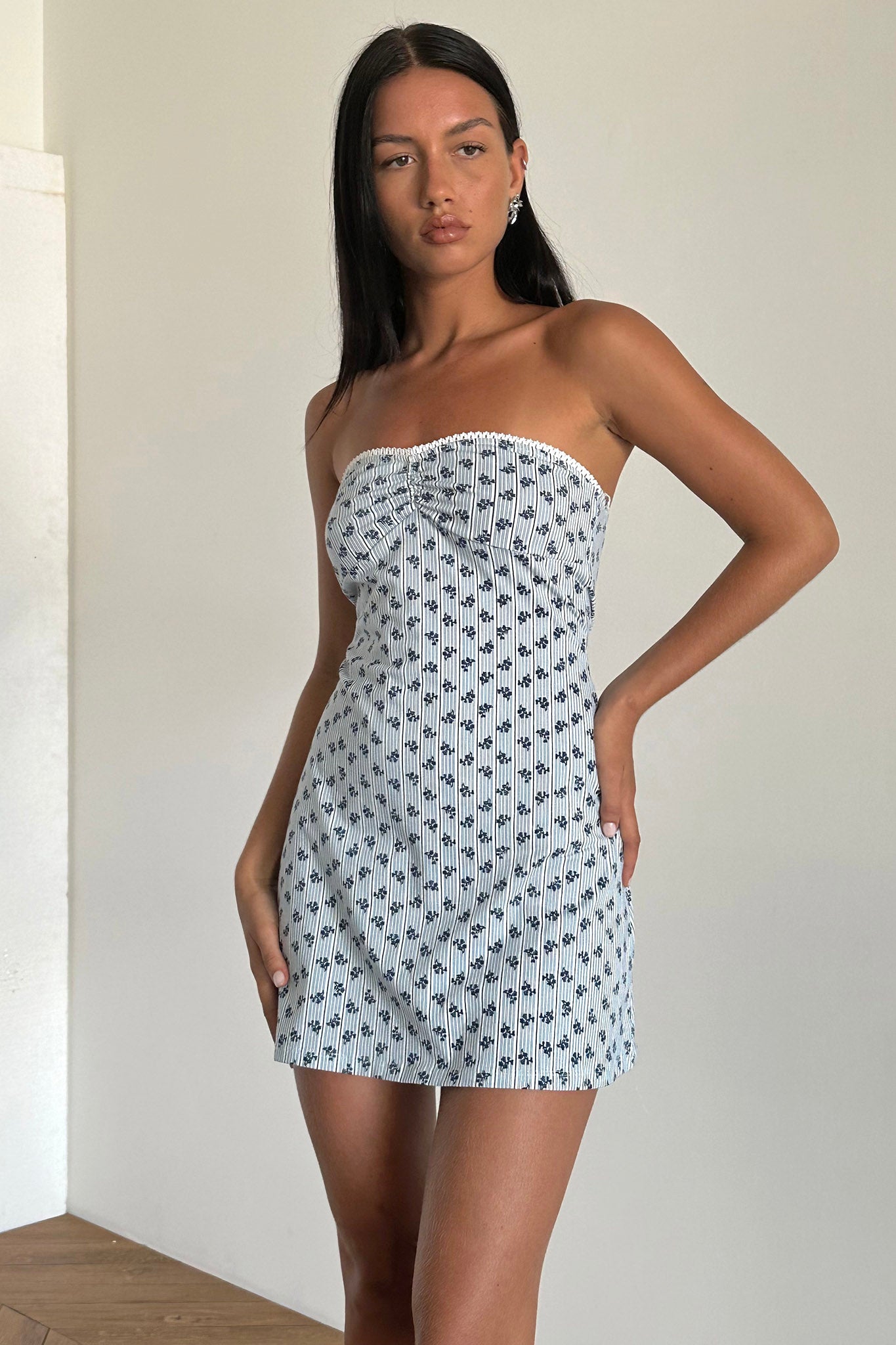 Javaya Bandeau Mini Dress Blue Stripe by Selfie Leslie Australia