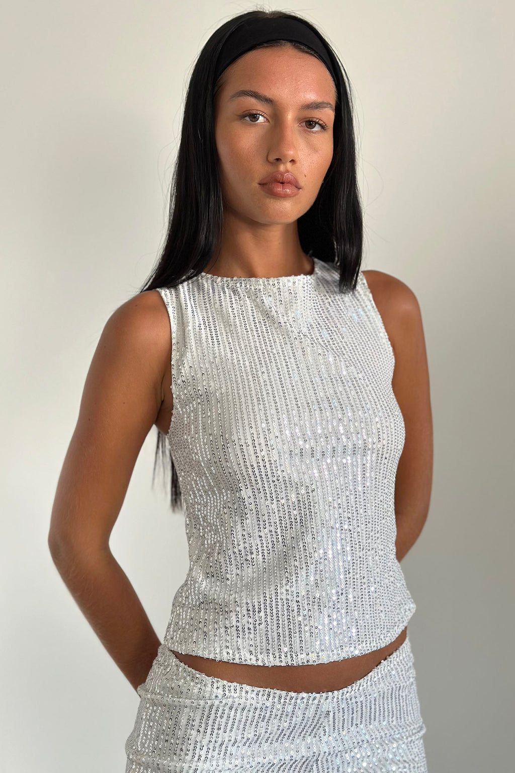 Hala Vest Top Silver Chrome Sequin by Selfie Leslie Australia