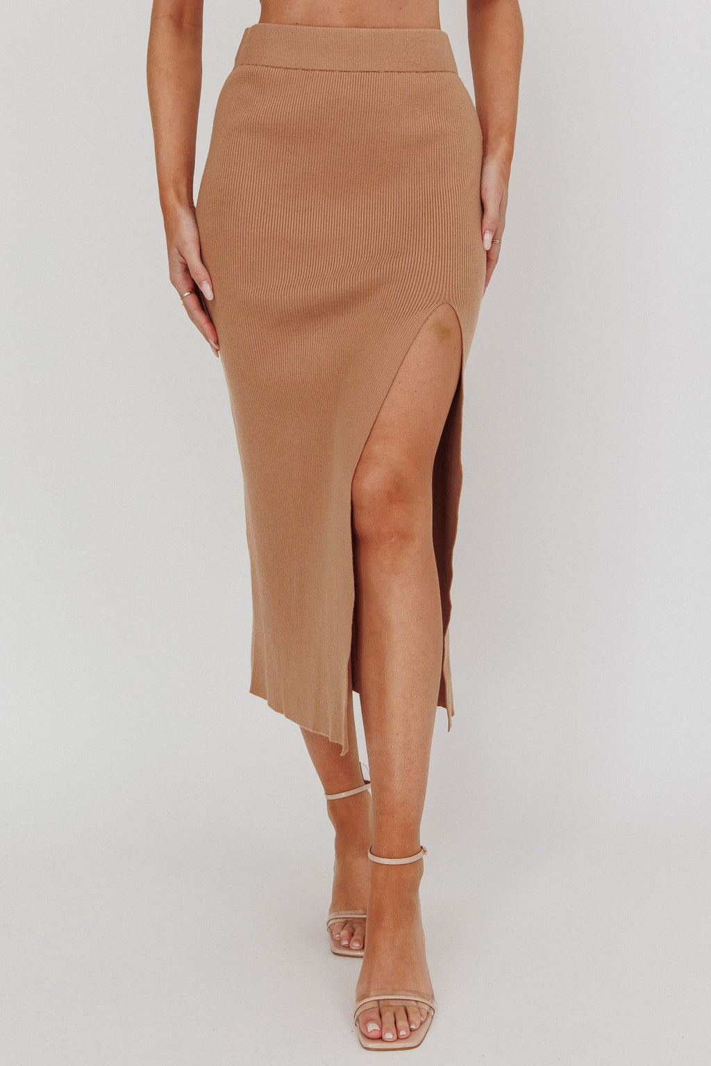 Loverboy Ribbed Midi Skirt Camel by Selfie Leslie Australia