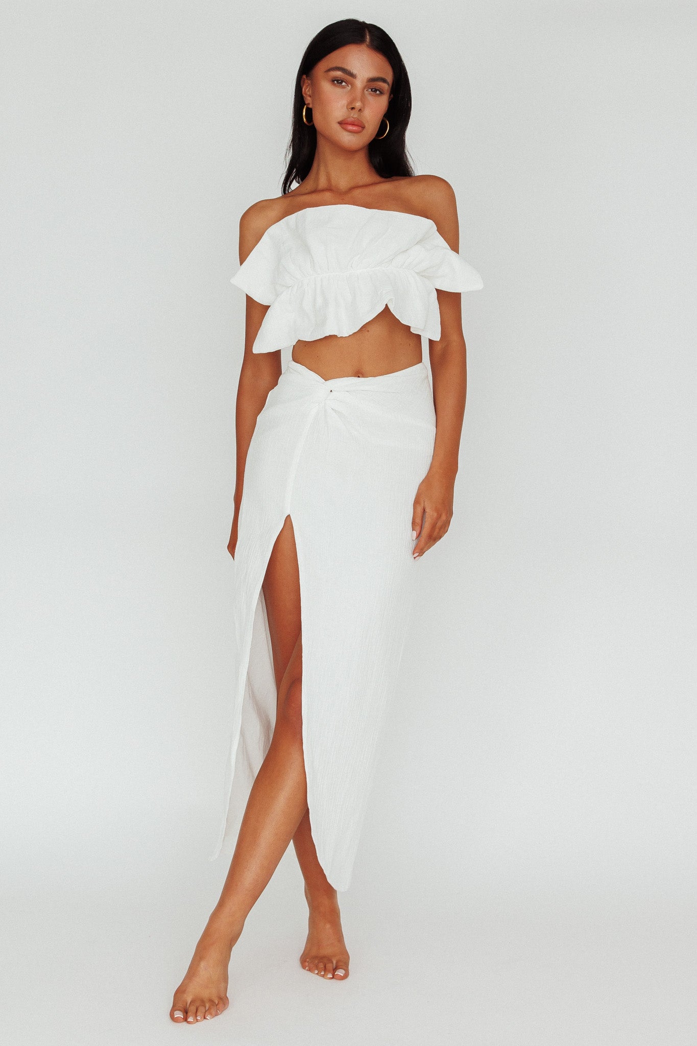 So Fine Twist Waist Crepe Midi Skirt Off White by Selfie Leslie Australia