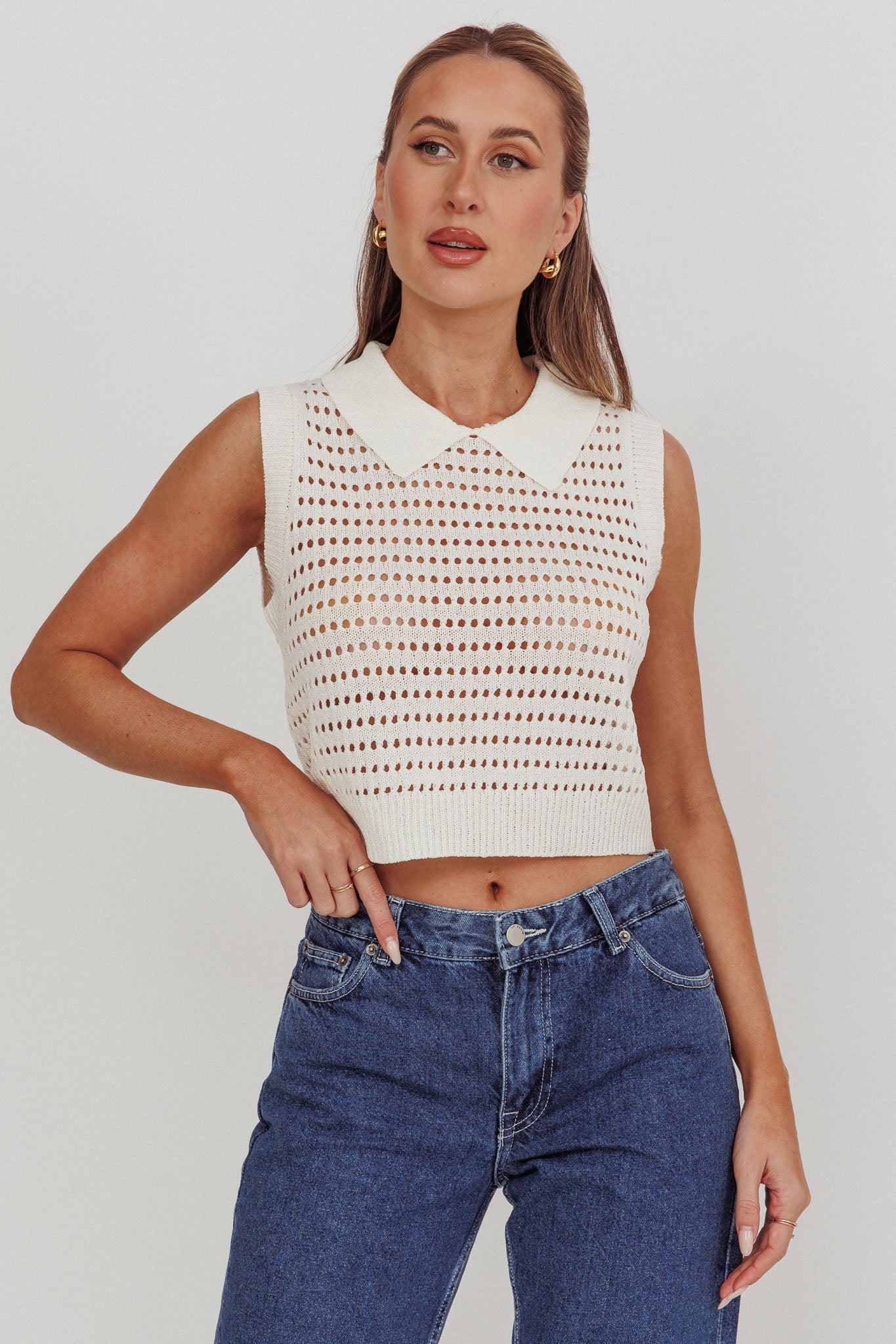 Daithi Collared Sleeveless Knit Top Ivory by Selfie Leslie Australia