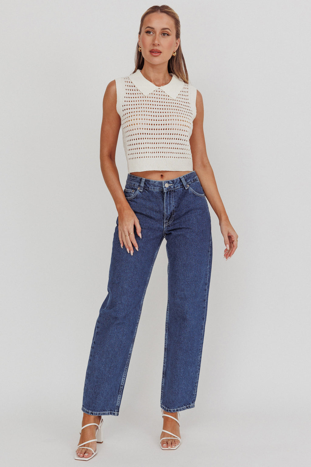 Daithi Collared Sleeveless Knit Top Ivory by Selfie Leslie Australia