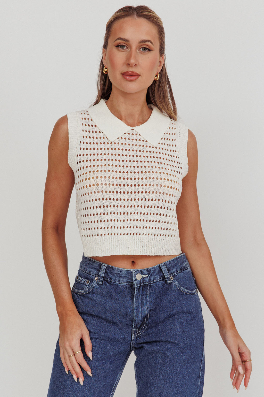 Daithi Collared Sleeveless Knit Top Ivory by Selfie Leslie Australia